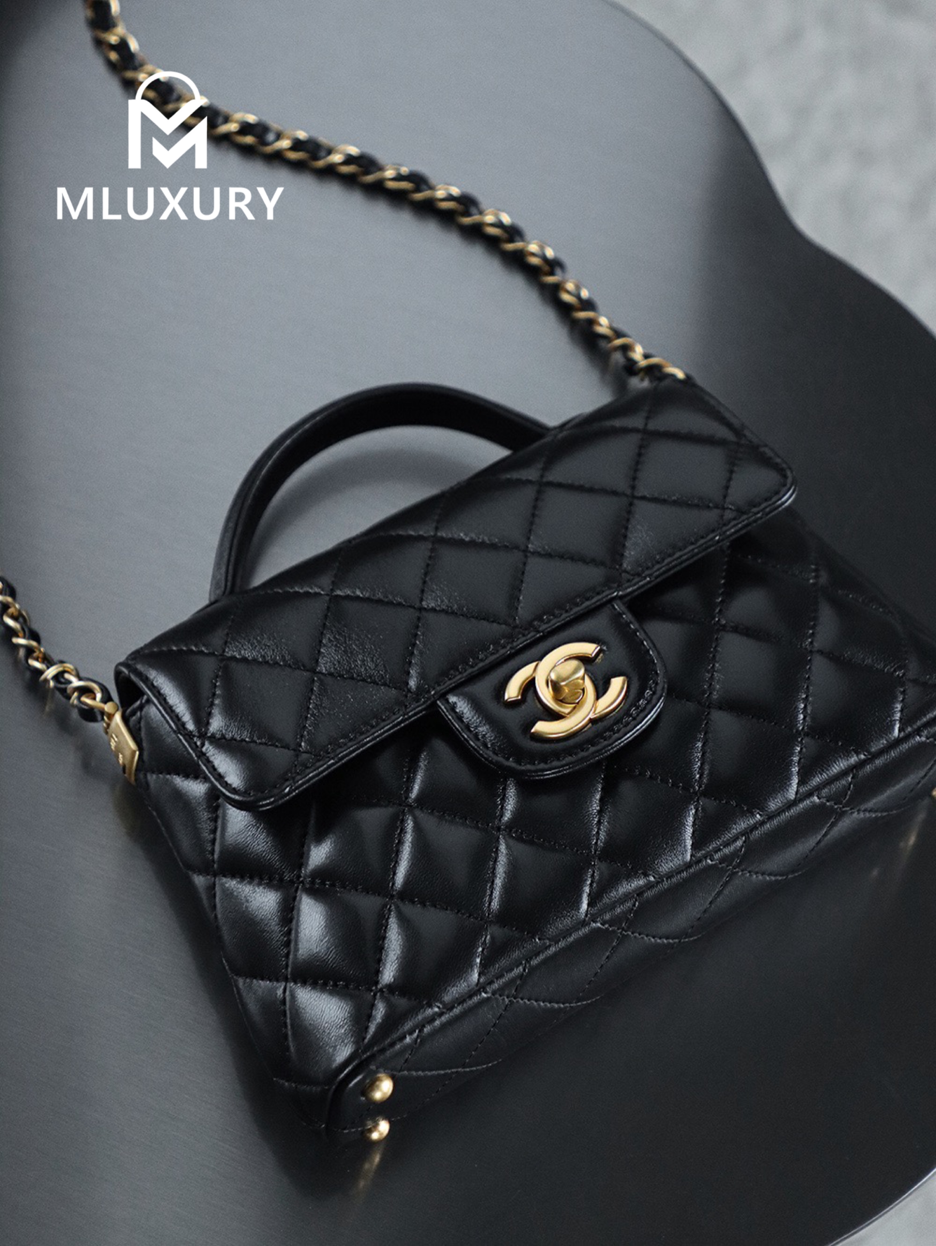 CHANEL 25 Kelly Small, Black&Gold, GR Genuine Glossy Lambskin