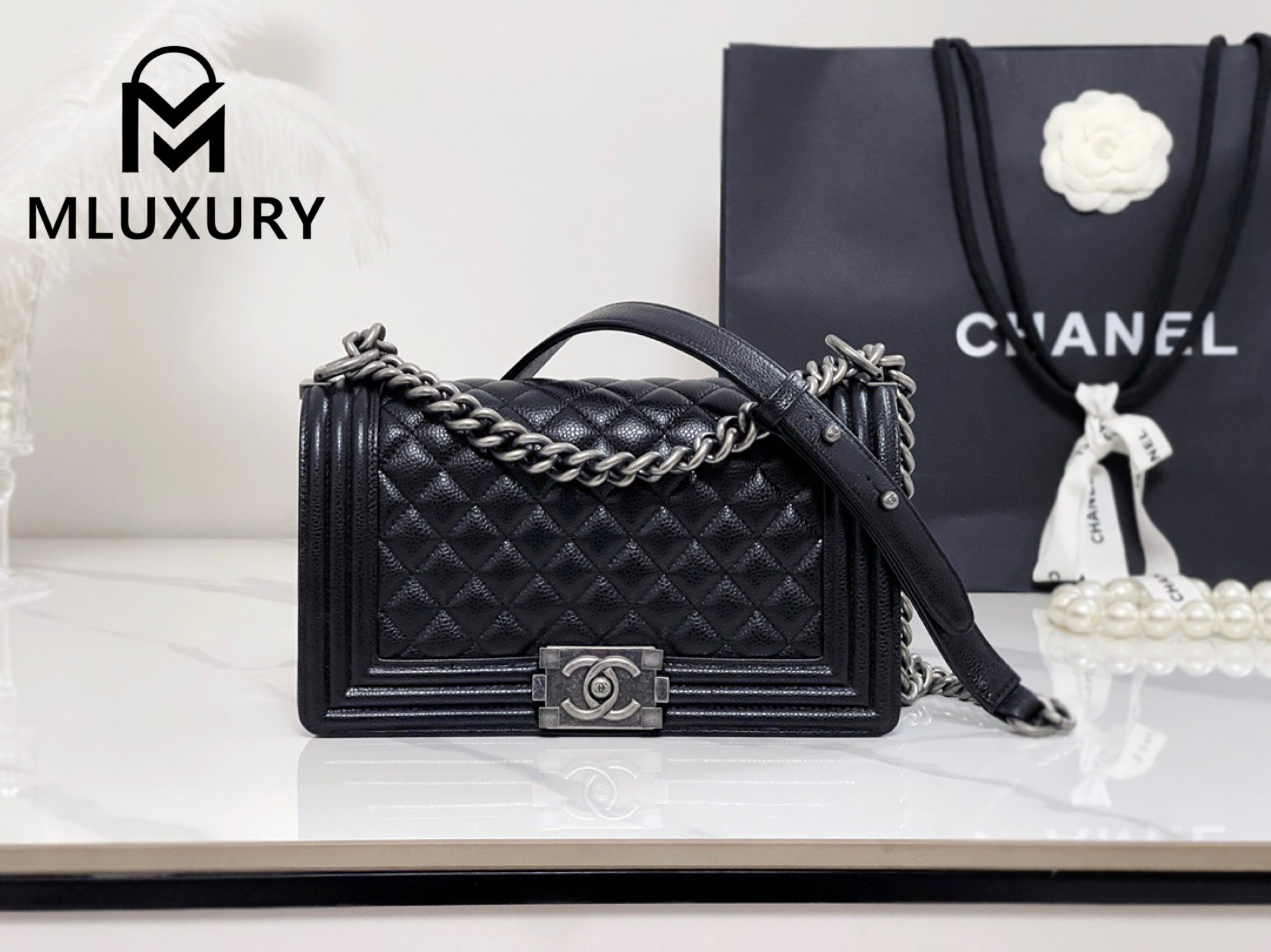 CHANEL Leboy 25 Medium, Black & Silver, Large Antique Grain Leather