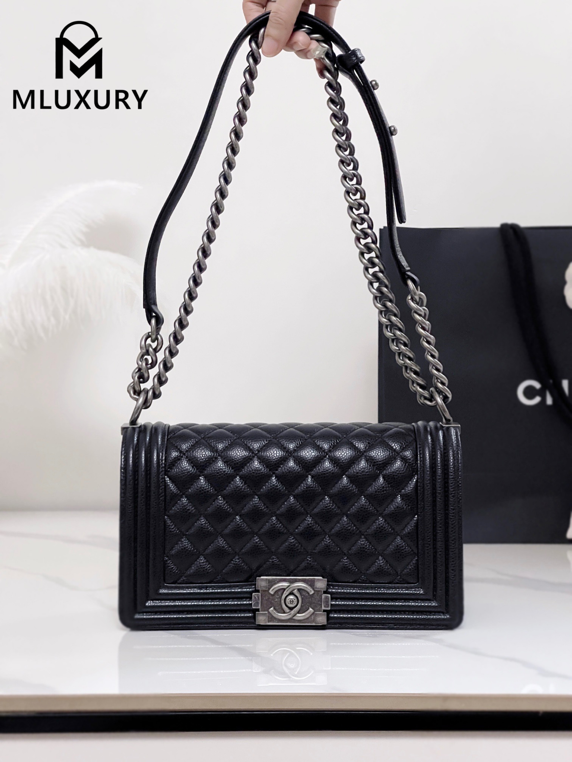 CHANEL Leboy 25 Medium, Black & Silver, Large Antique Grain Leather