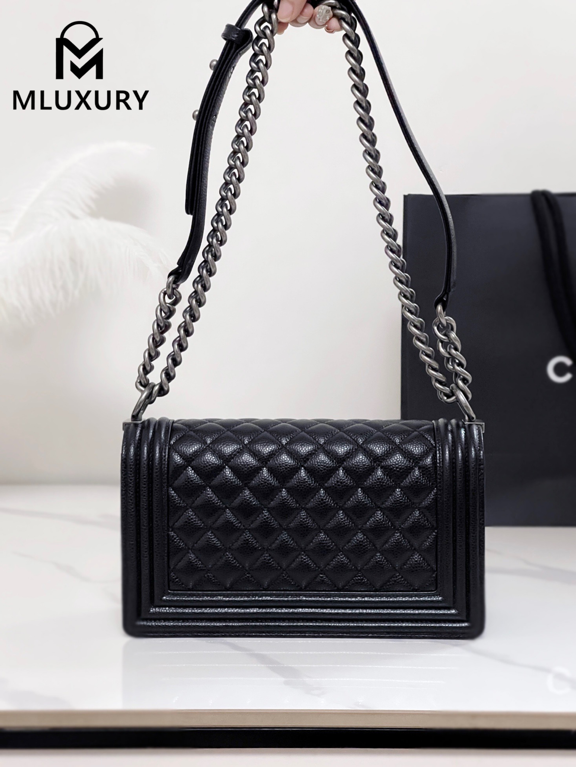 CHANEL Leboy 25 Medium, Black & Silver, Large Antique Grain Leather