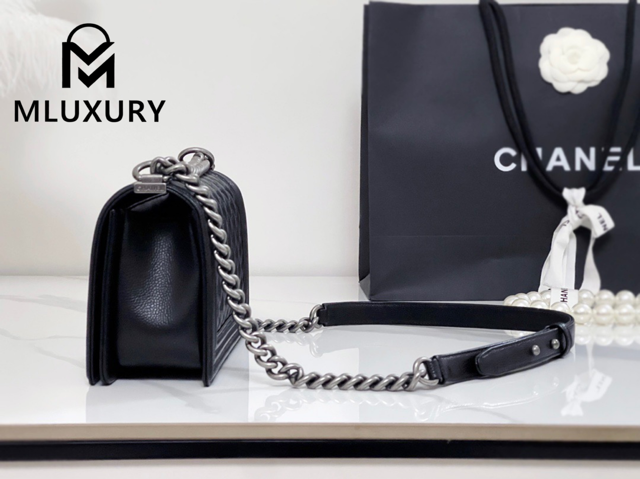 CHANEL Leboy 25 Medium, Black & Silver, Large Antique Grain Leather