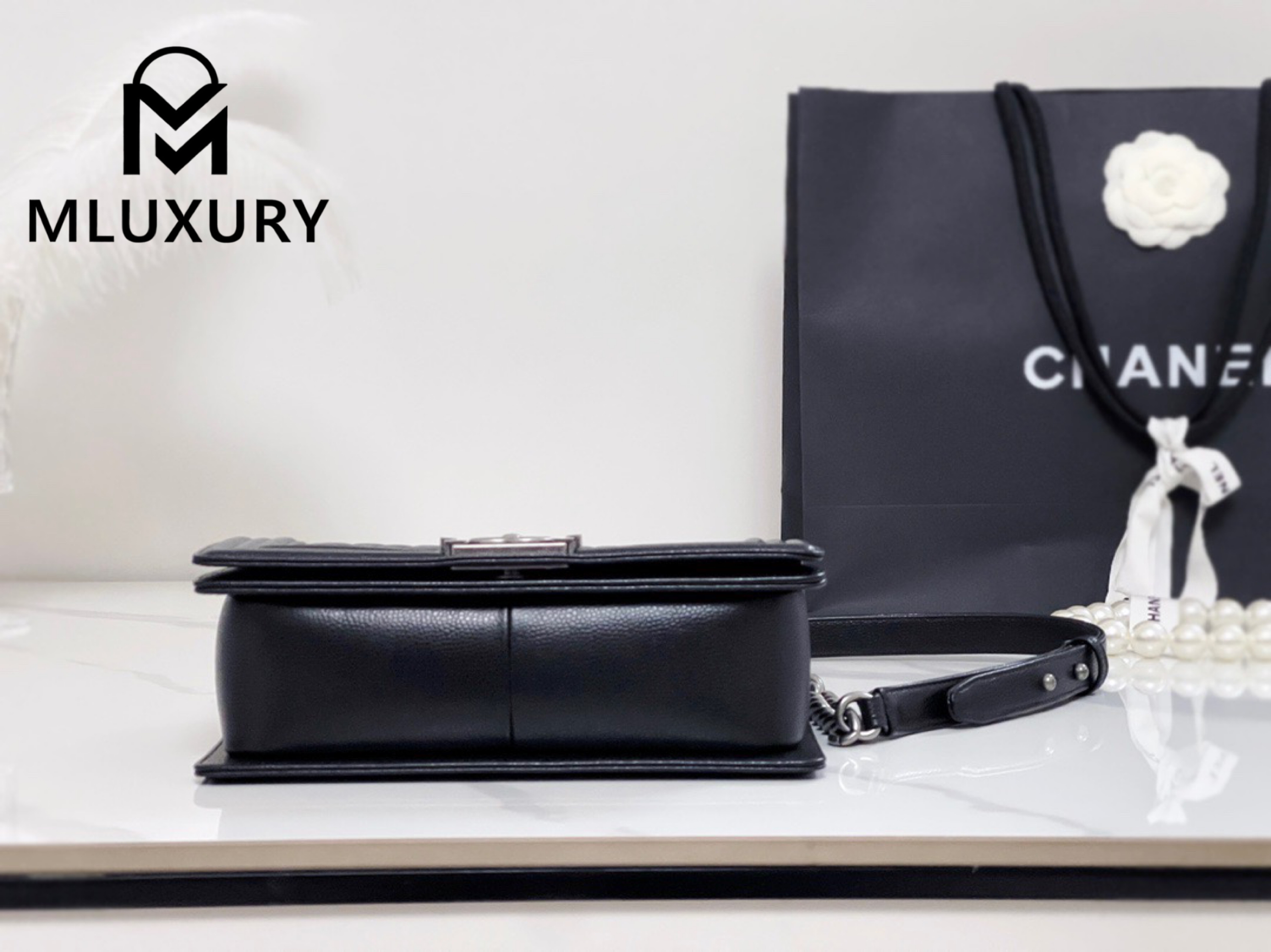 CHANEL Leboy 25 Medium, Black & Silver, Large Antique Grain Leather
