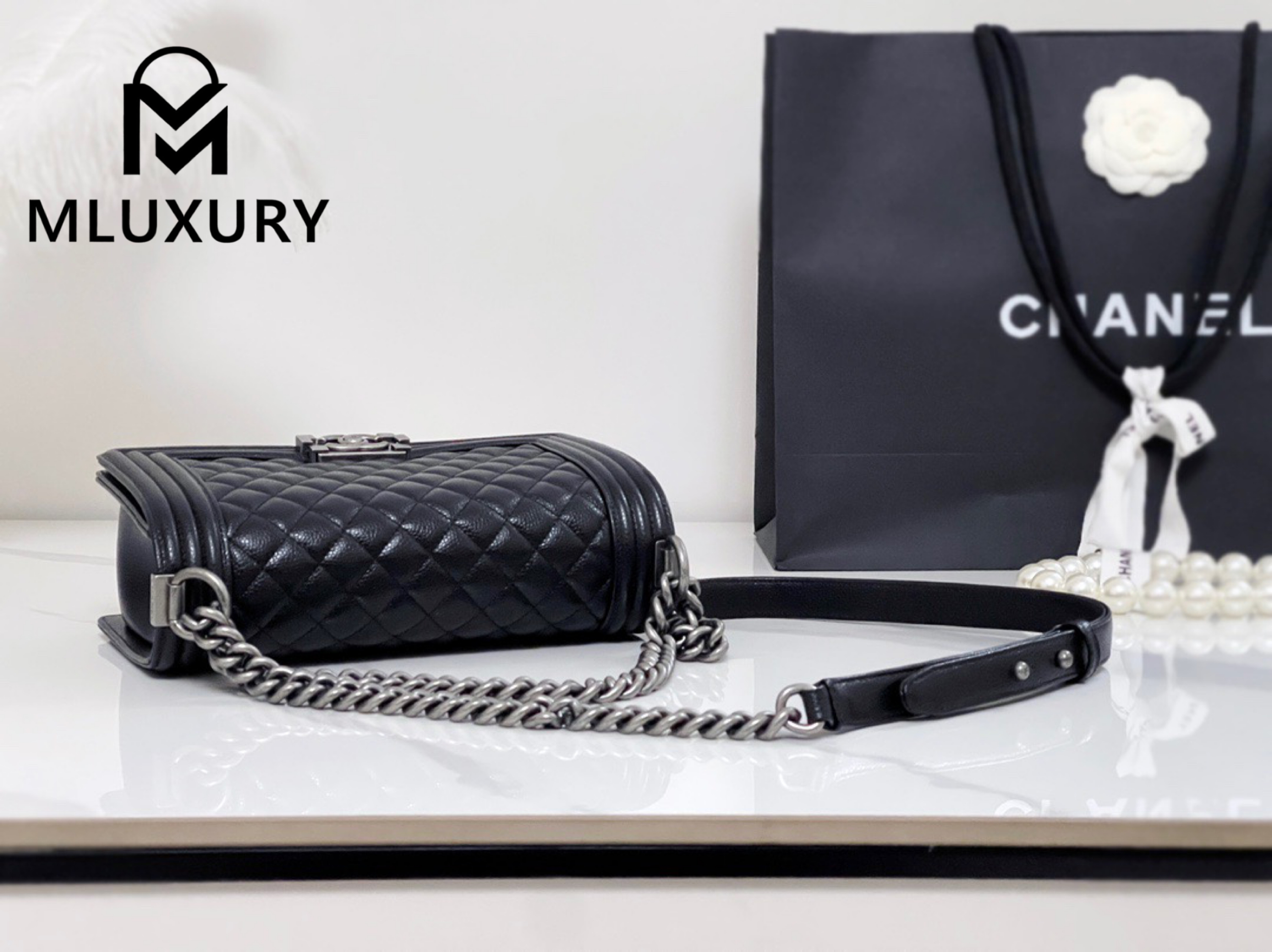 CHANEL Leboy 25 Medium, Black & Silver, Large Antique Grain Leather