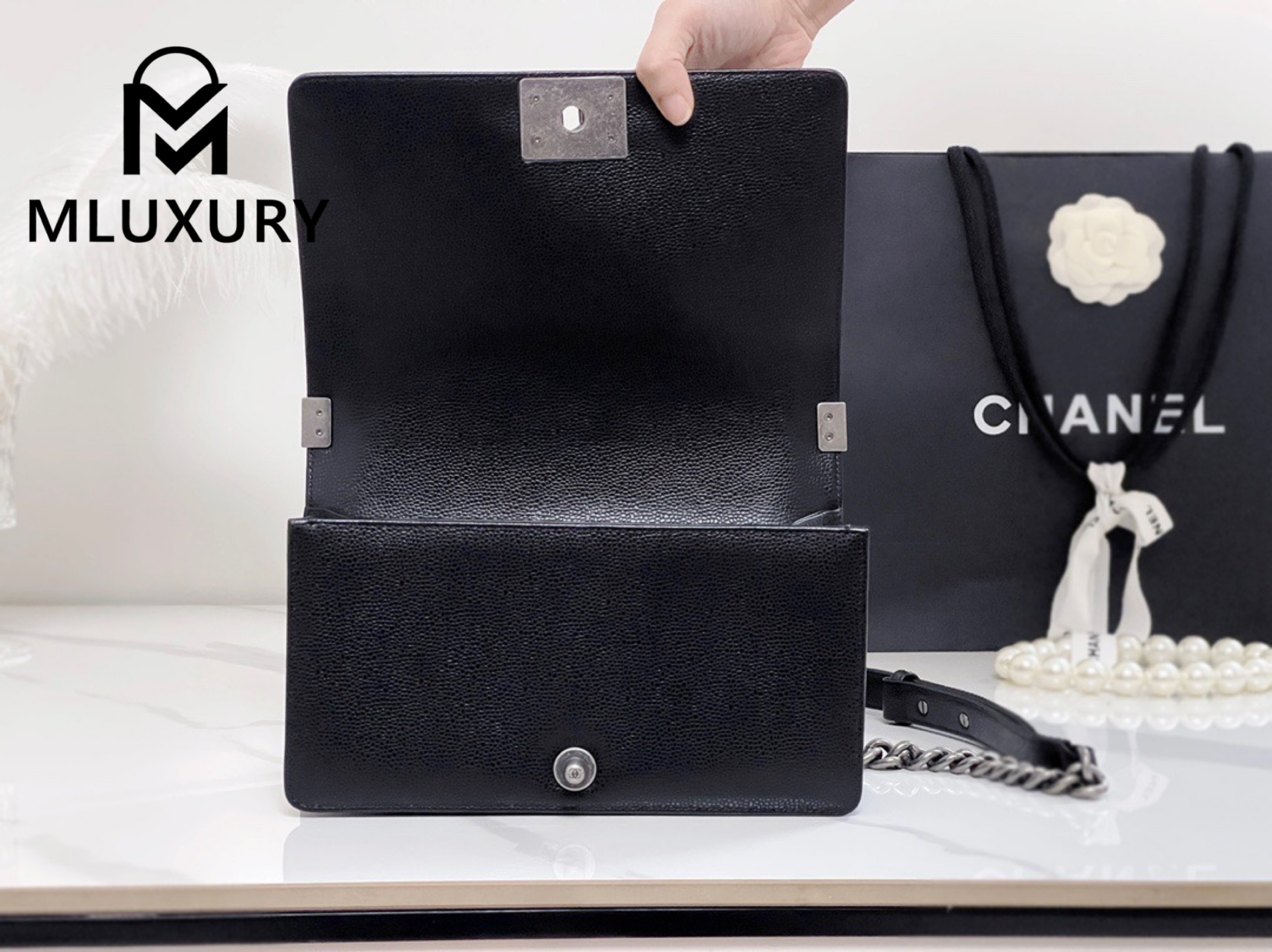 CHANEL Leboy 25 Medium, Black & Silver, Large Antique Grain Leather