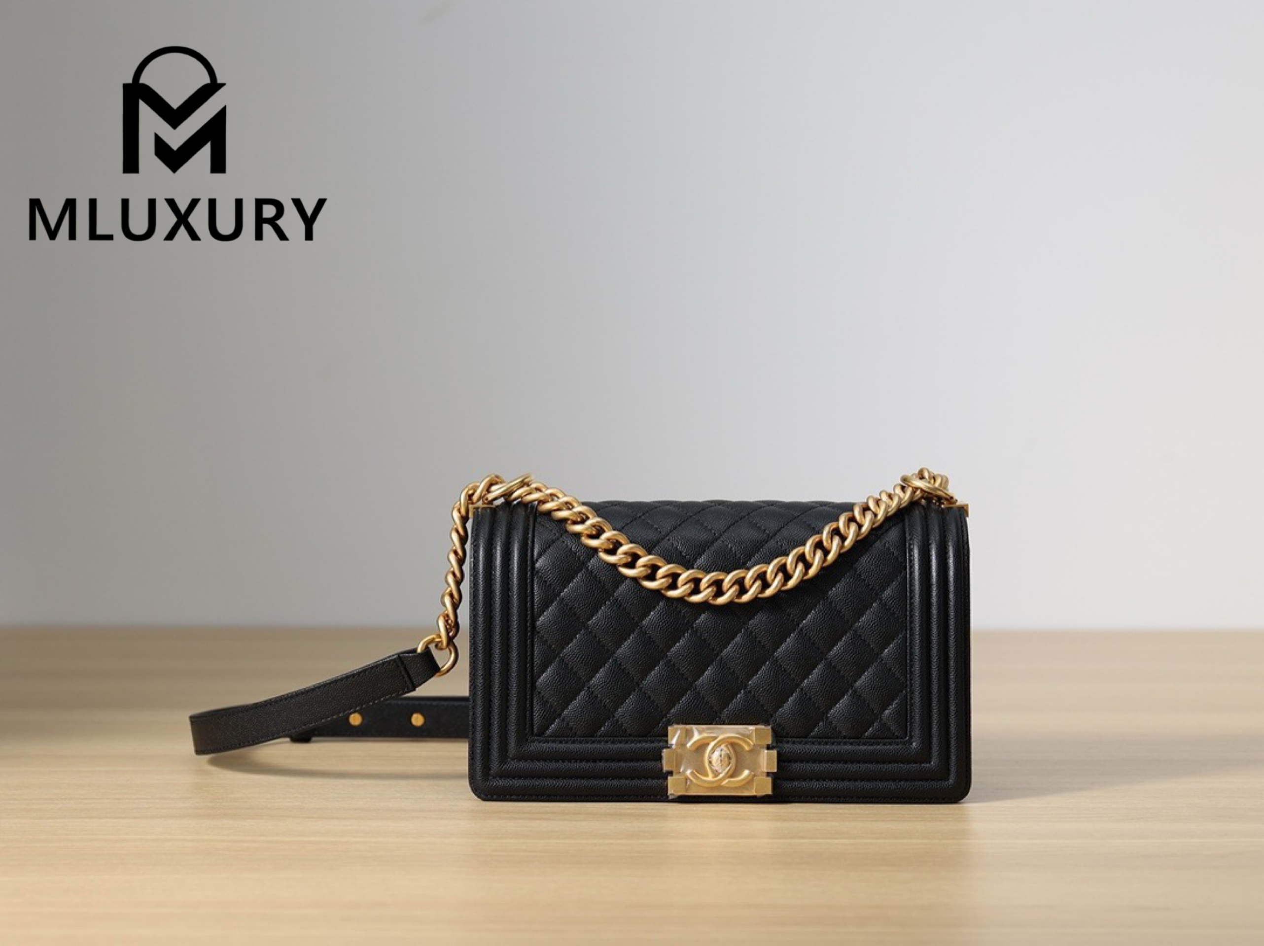 CHANEL Leboy 25 Medium, Black & Gold, Large Glossy Leather