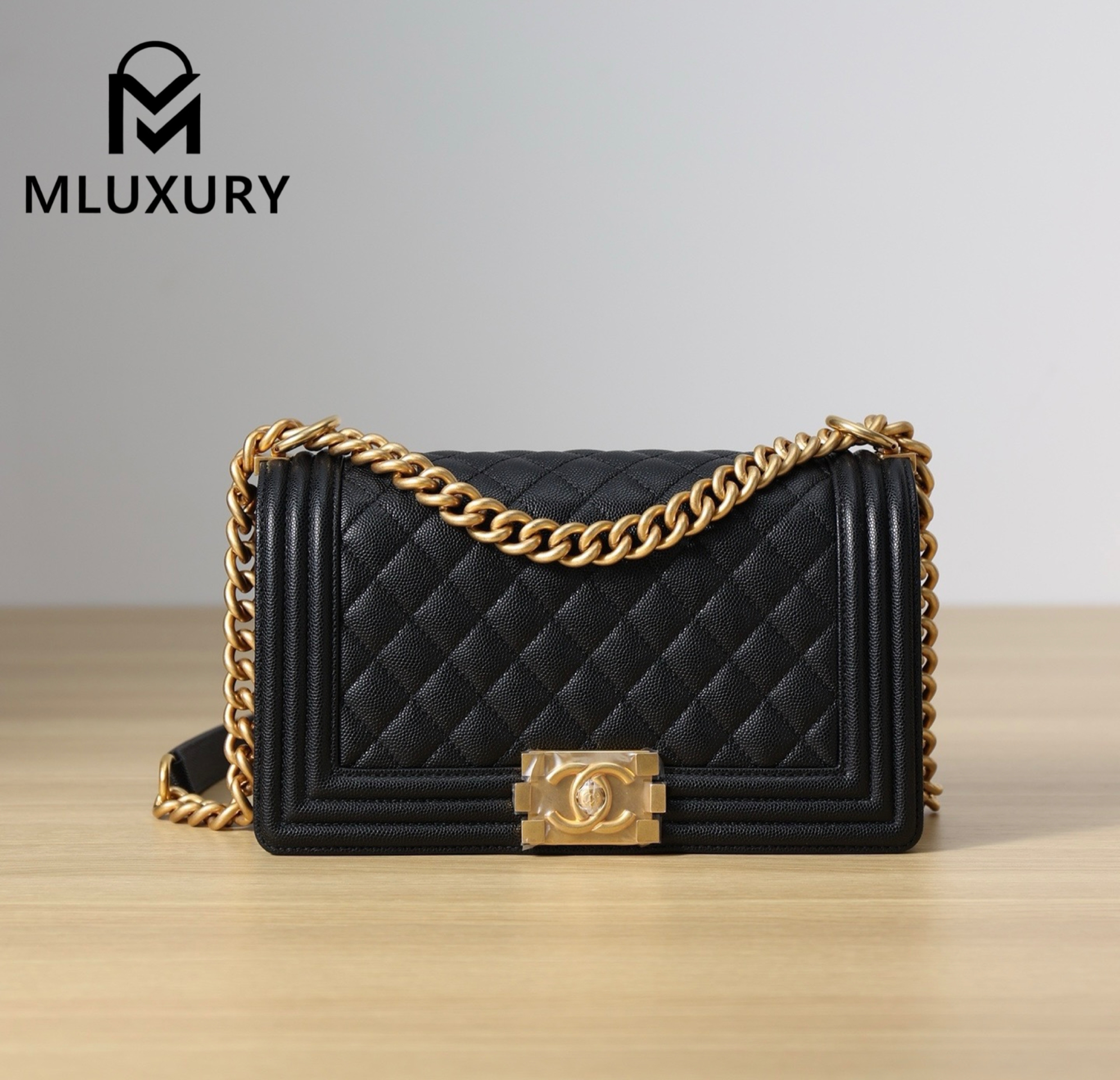 CHANEL Leboy 25 Medium, Black & Gold, Large Glossy Leather