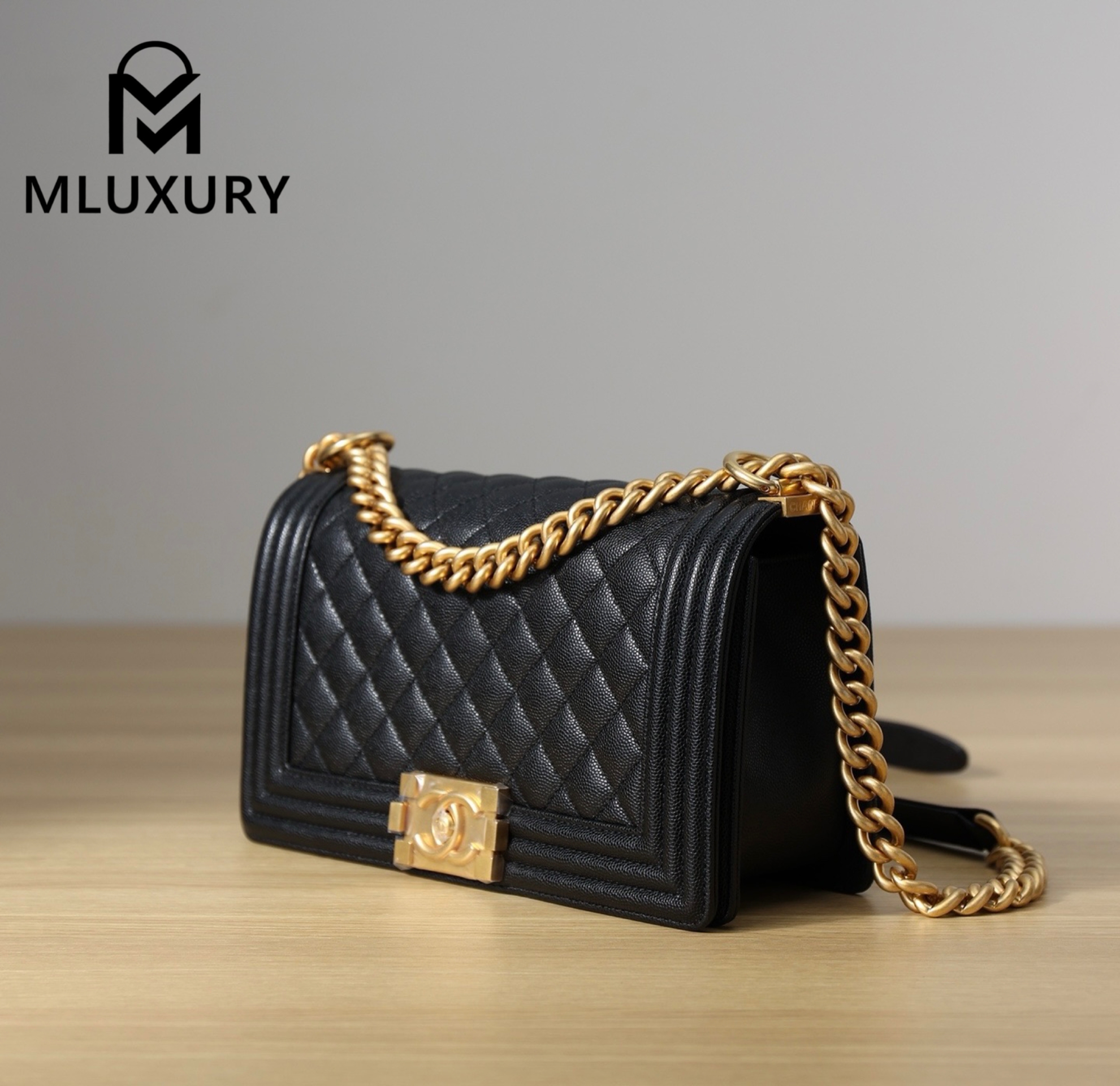 CHANEL Leboy 25 Medium, Black & Gold, Large Glossy Leather