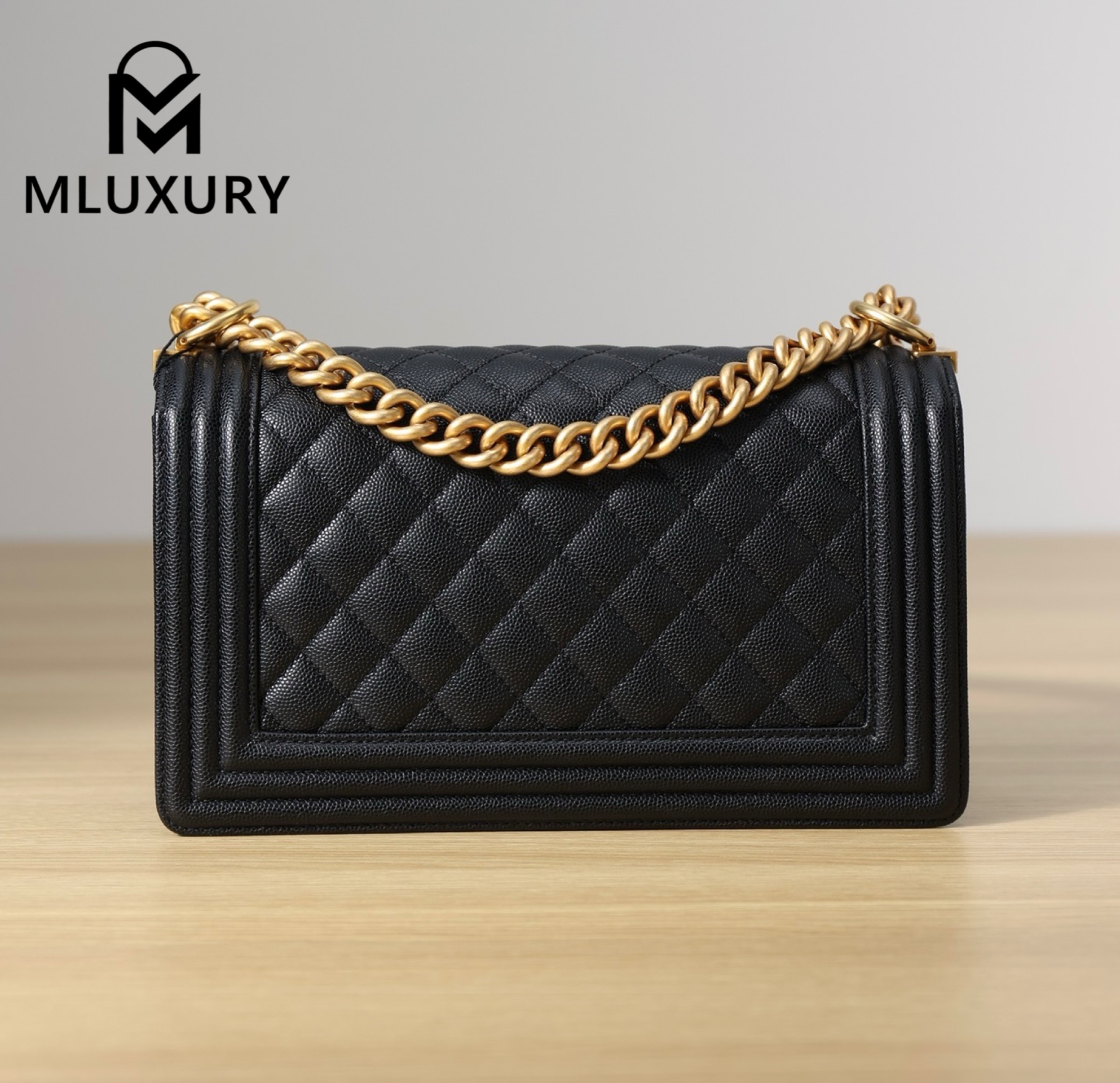 CHANEL Leboy 25 Medium, Black & Gold, Large Glossy Leather