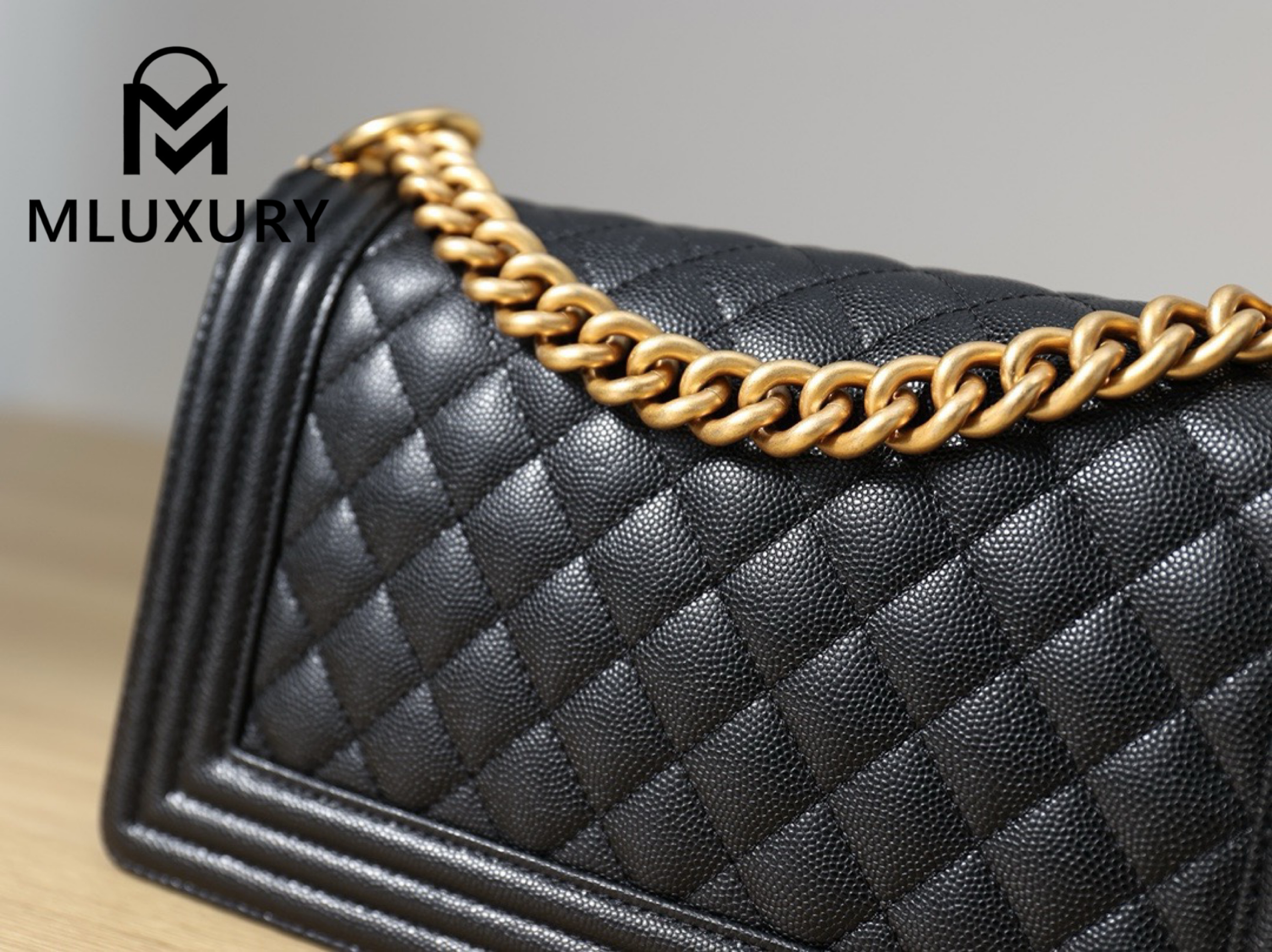 CHANEL Leboy 25 Medium, Black & Gold, Large Glossy Leather