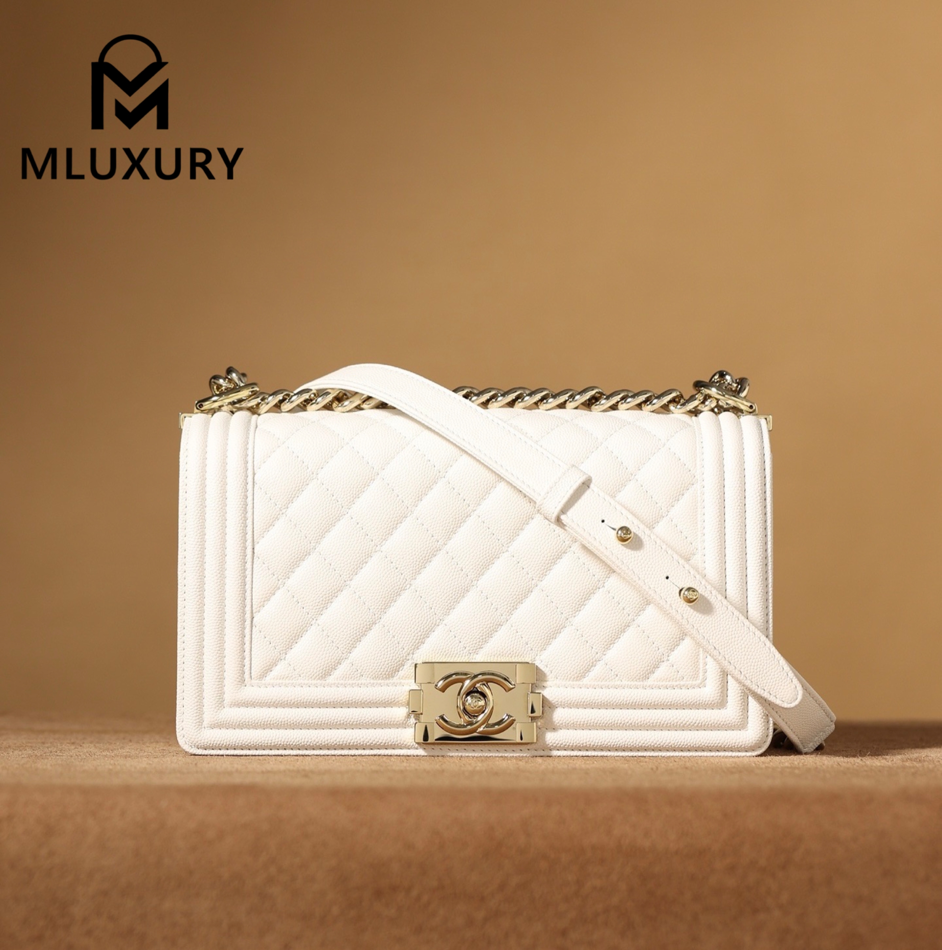 CHANEL Leboy 25 Medium, White with Gold Buckle, White Pebbled Grain Embossed Calfskin
