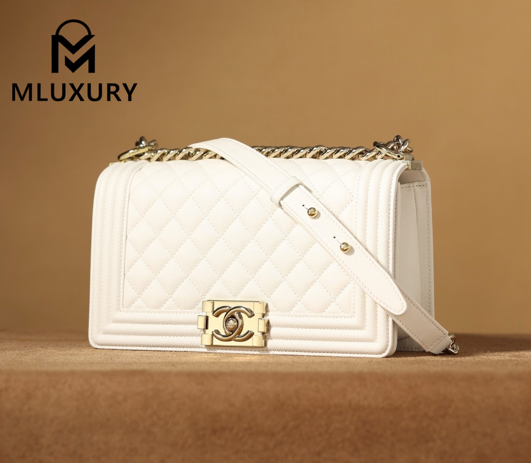CHANEL Leboy 25 Medium, White with Gold Buckle, White Pebbled Grain Embossed Calfskin