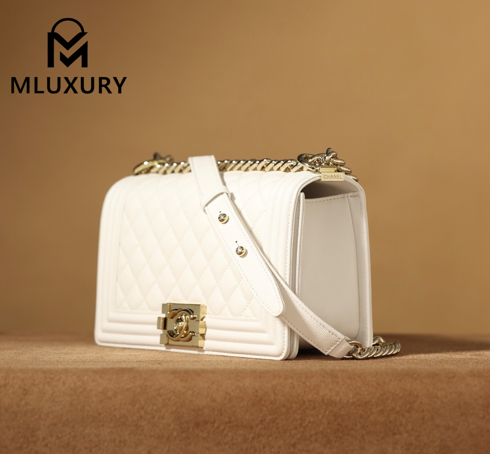 CHANEL Leboy 25 Medium, White with Gold Buckle, White Pebbled Grain Embossed Calfskin