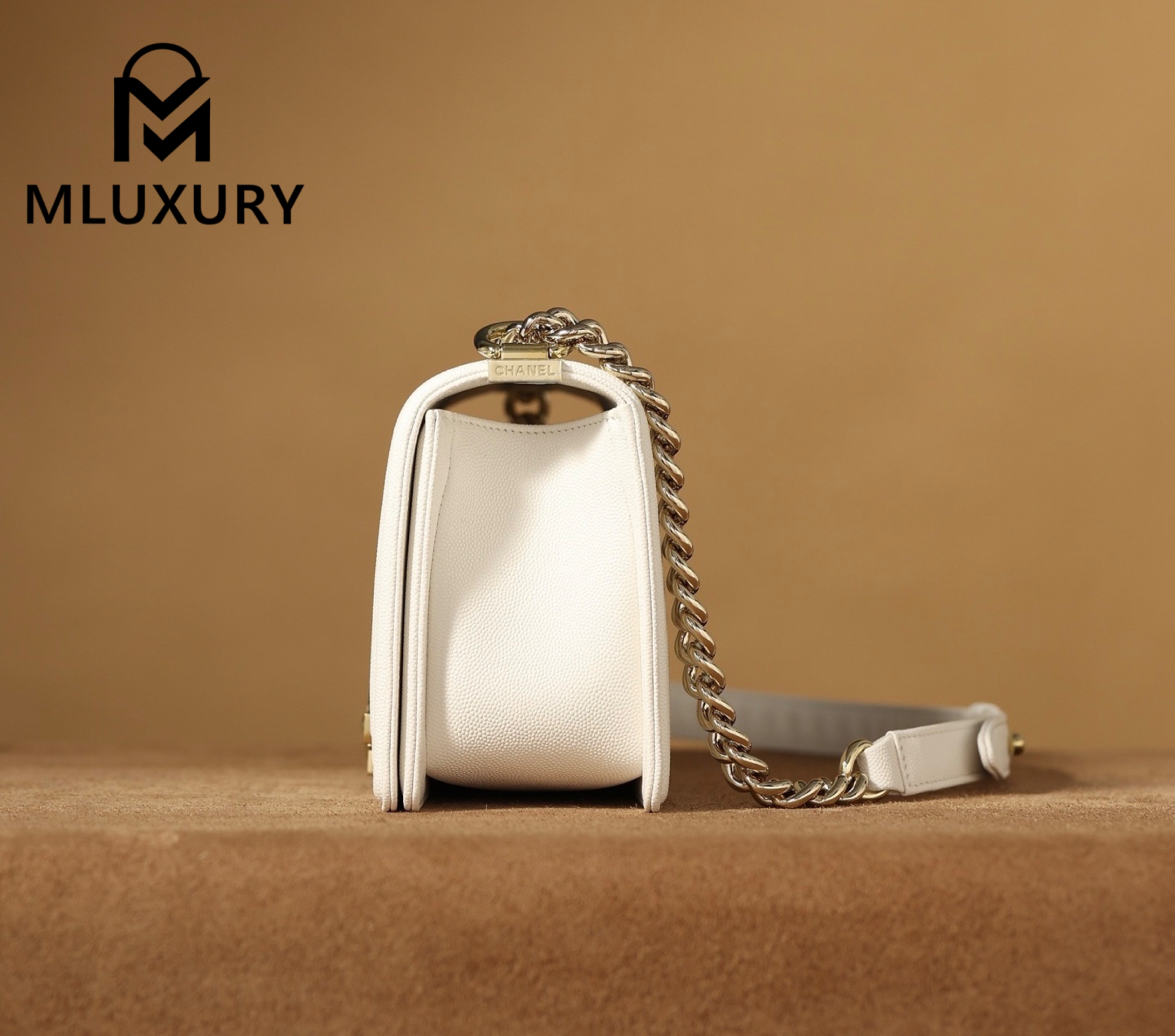 CHANEL Leboy 25 Medium, White with Gold Buckle, White Pebbled Grain Embossed Calfskin