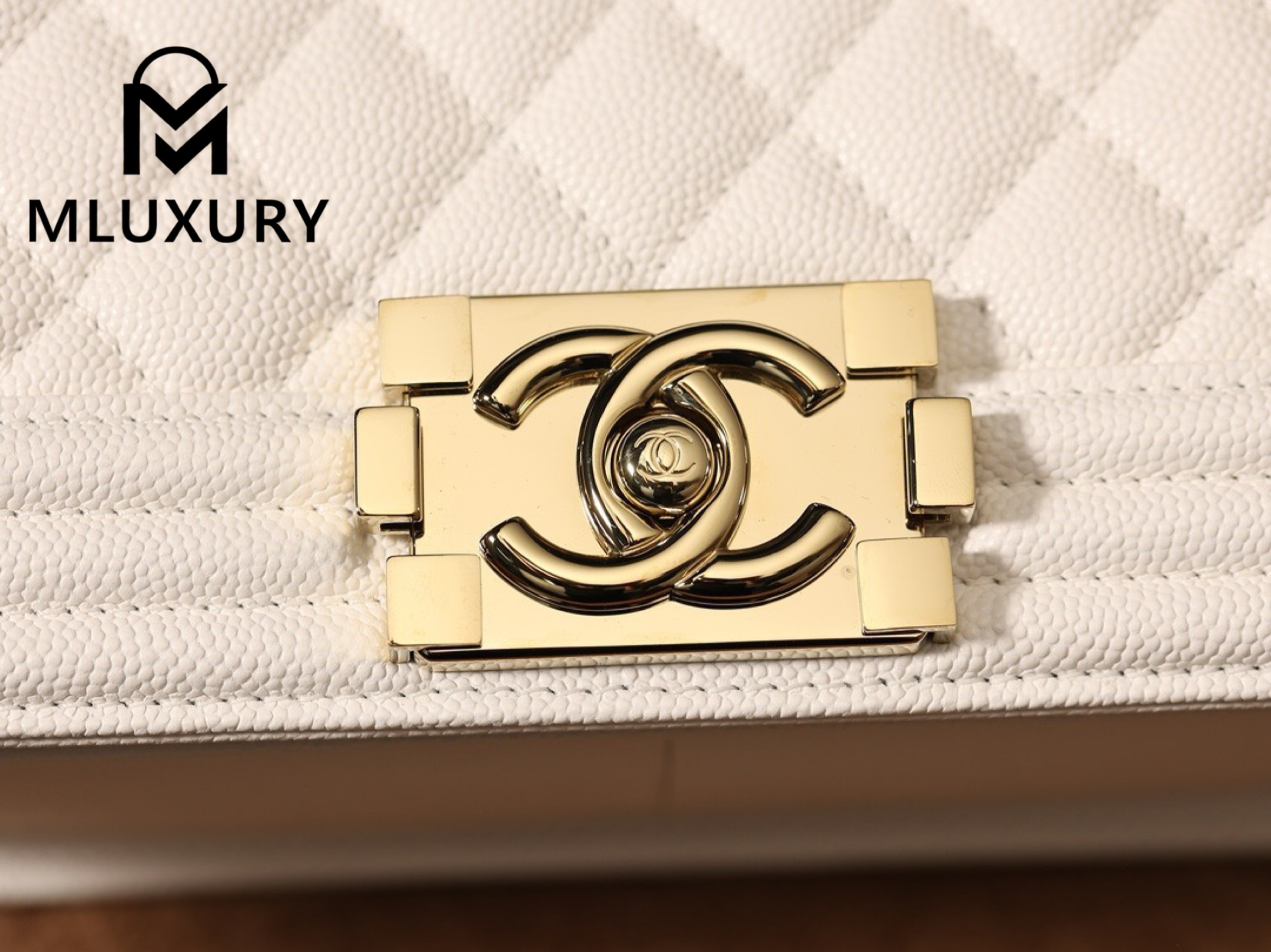 CHANEL Leboy 25 Medium, White with Gold Buckle, White Pebbled Grain Embossed Calfskin