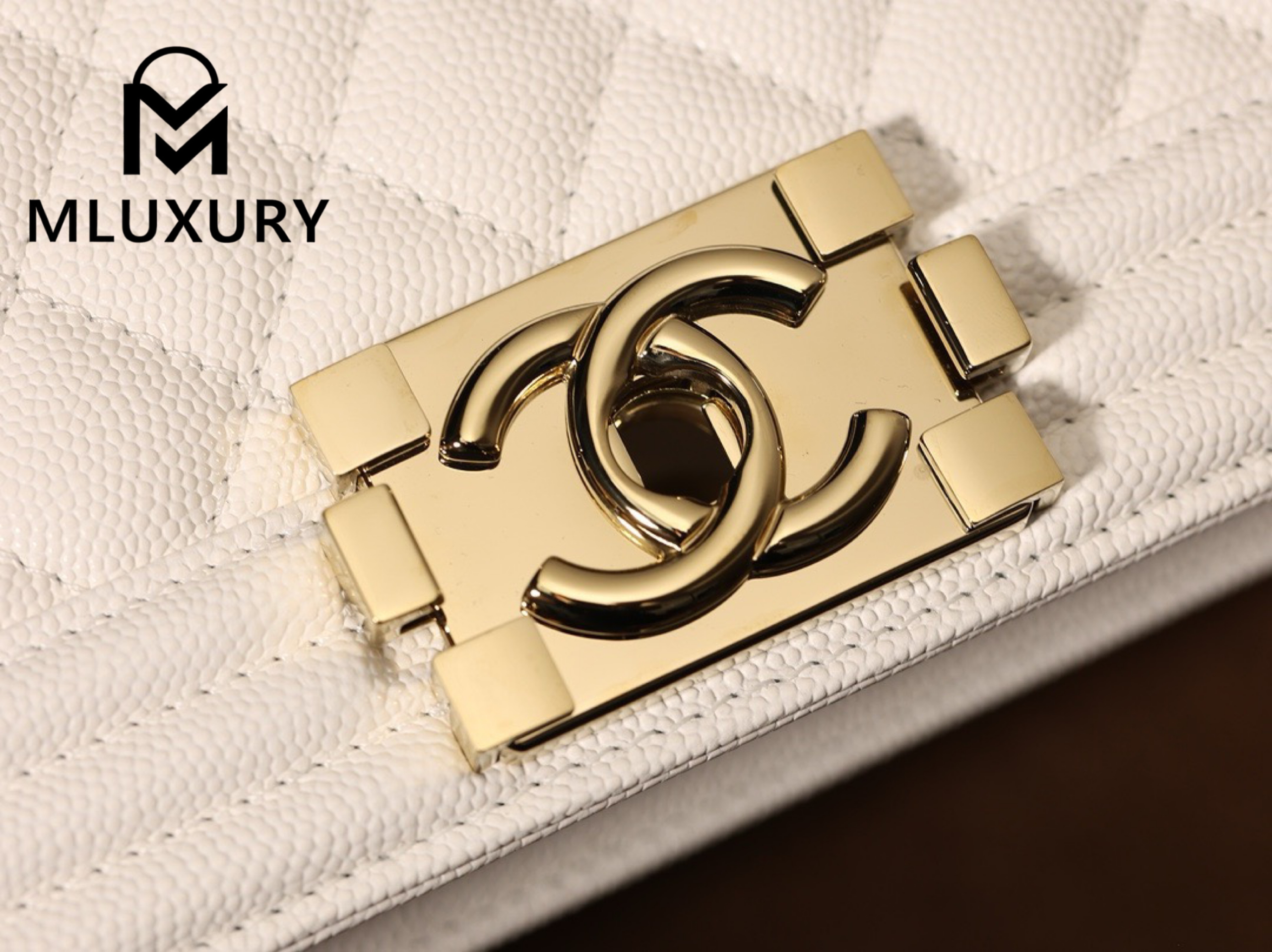 CHANEL Leboy 25 Medium, White with Gold Buckle, White Pebbled Grain Embossed Calfskin