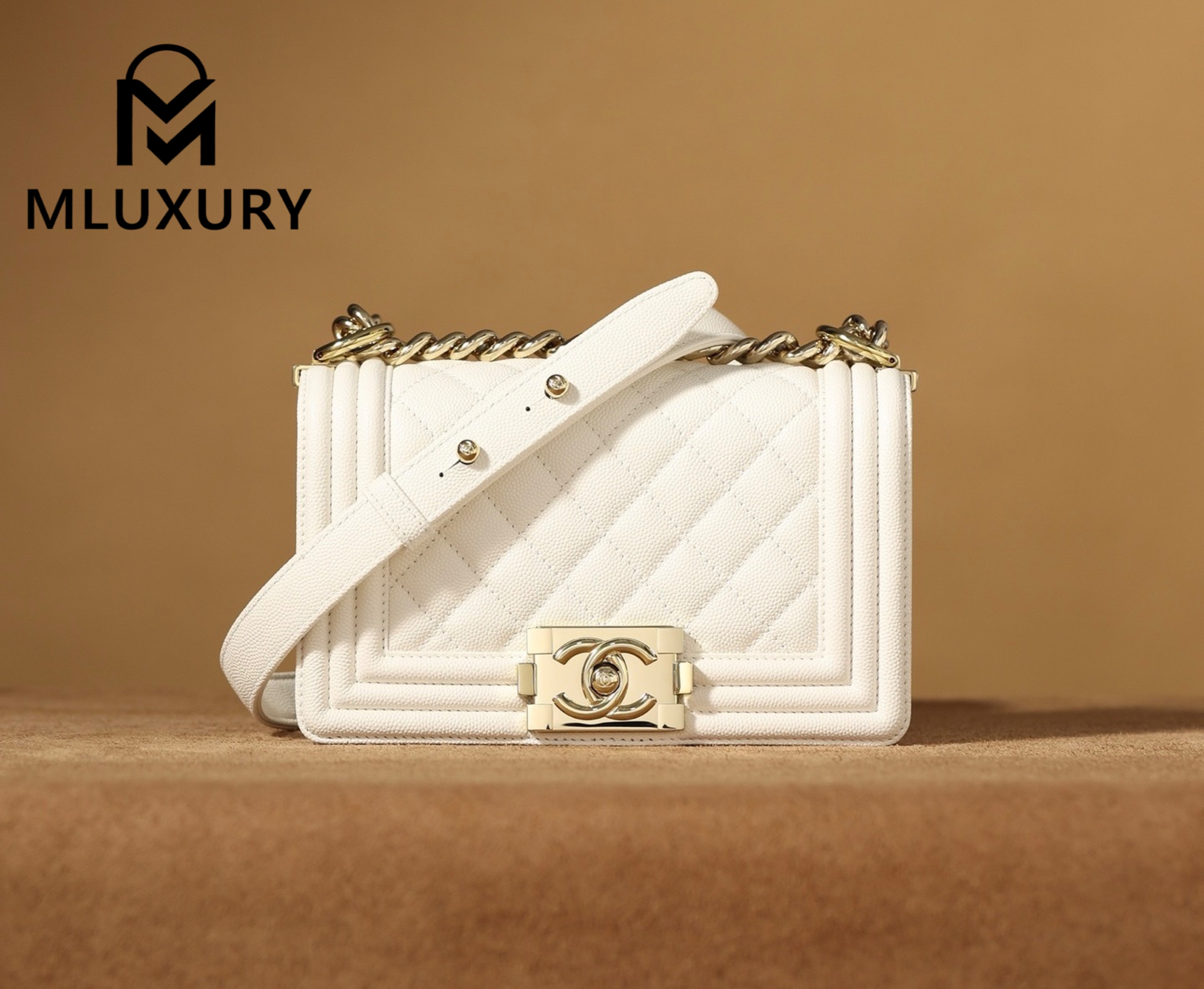 CHANEL Leboy20 Small, White with Gold Buckle, White Pebbled Grain Embossed Calfskin