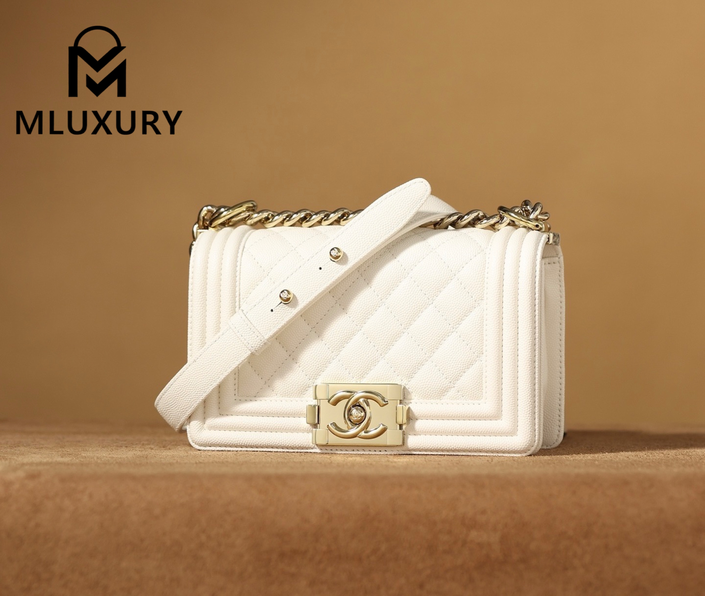 CHANEL Leboy20 Small, White with Gold Buckle, White Pebbled Grain Embossed Calfskin