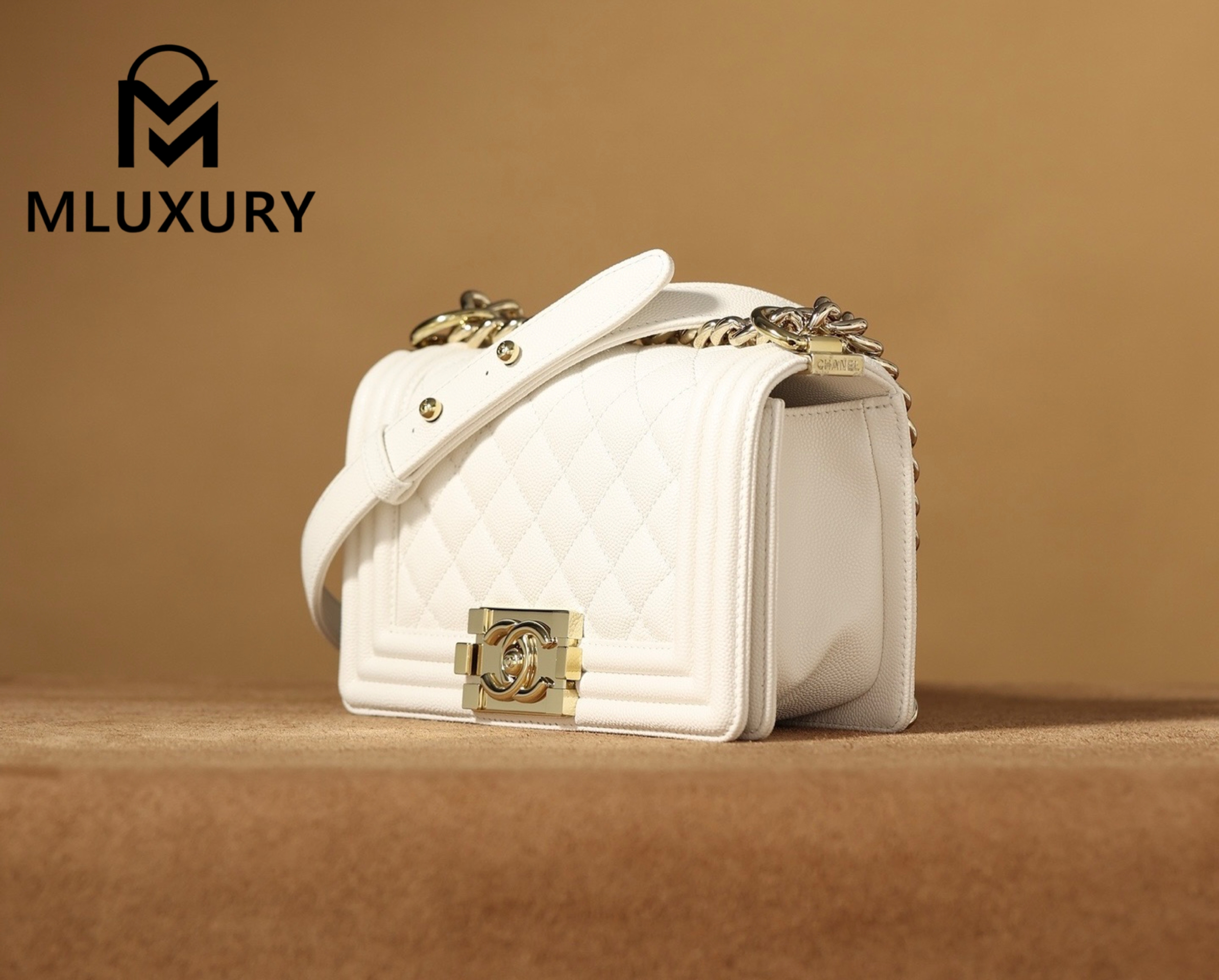 CHANEL Leboy20 Small, White with Gold Buckle, White Pebbled Grain Embossed Calfskin