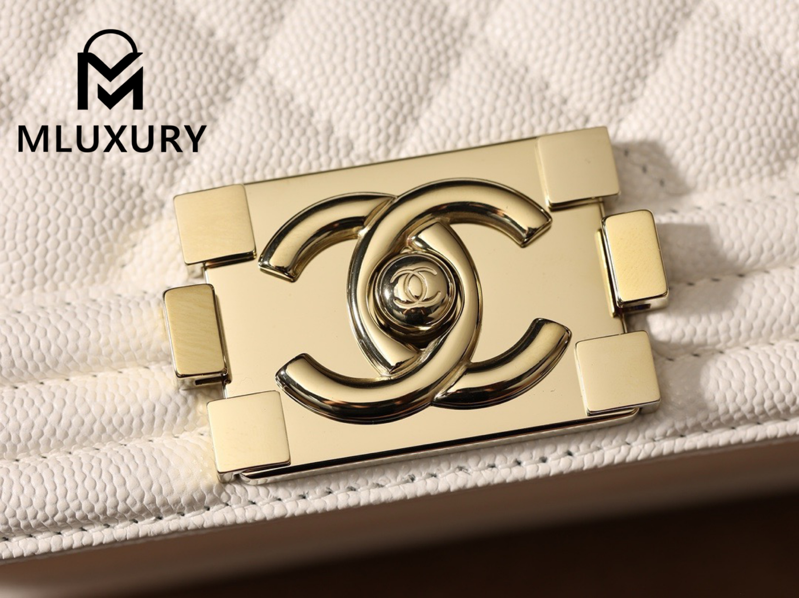 CHANEL Leboy20 Small, White with Gold Buckle, White Pebbled Grain Embossed Calfskin