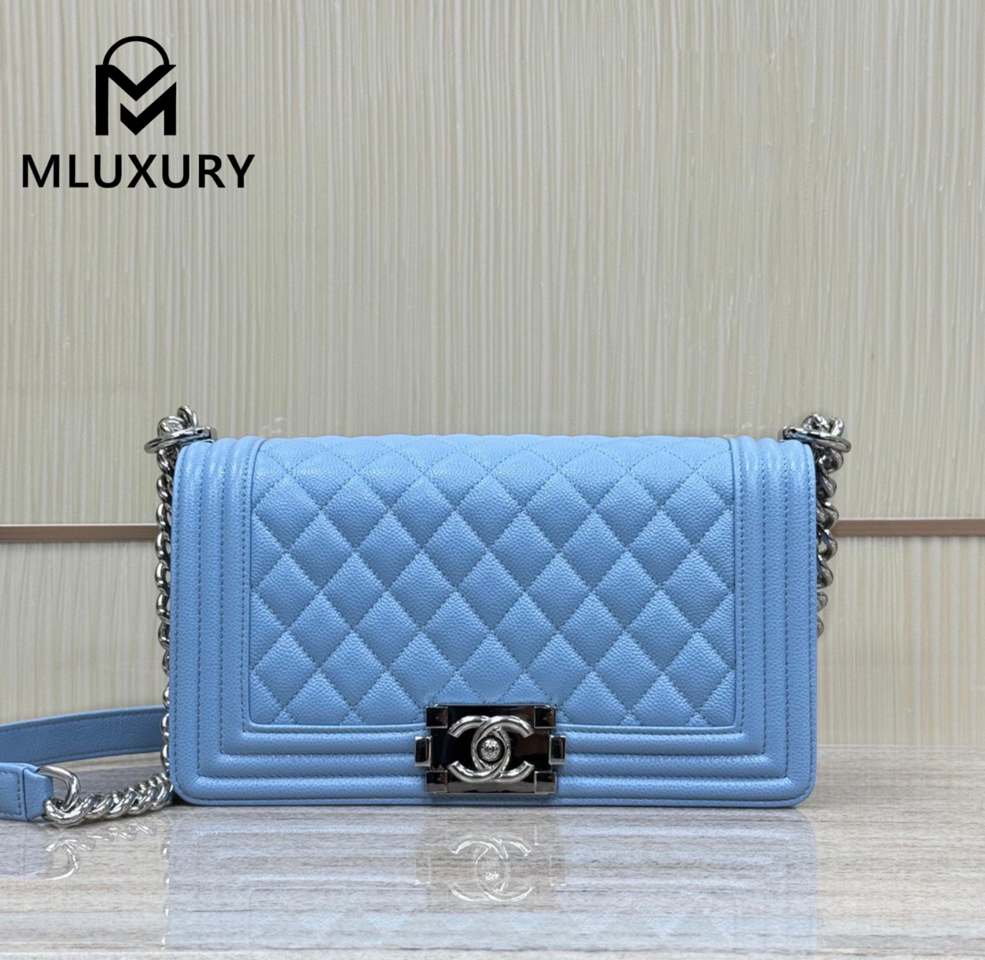 CHANEL Leboy 25 Medium, Light Blue & Silver Buckle, Imported Original Leather