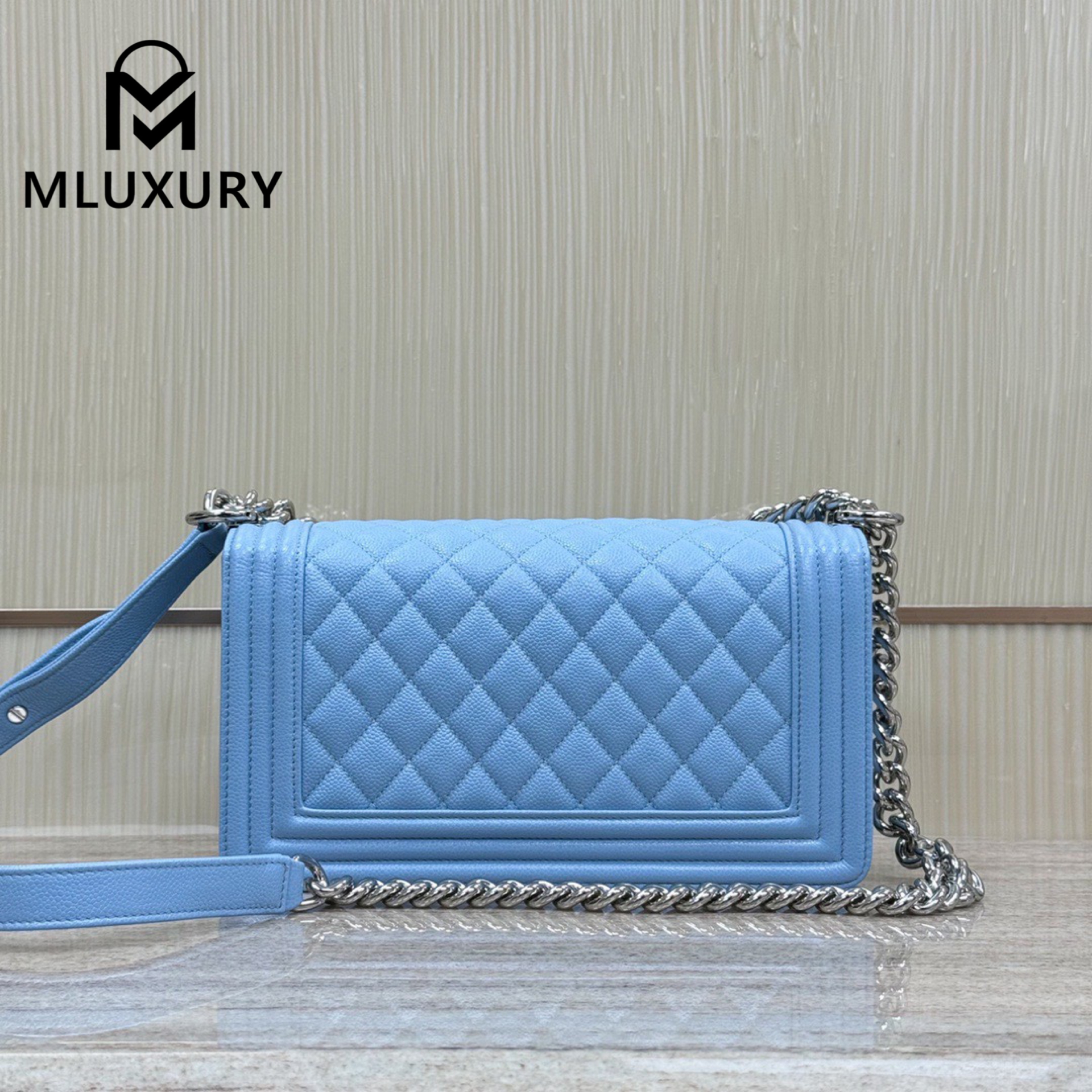 CHANEL Leboy 25 Medium, Light Blue & Silver Buckle, Imported Original Leather