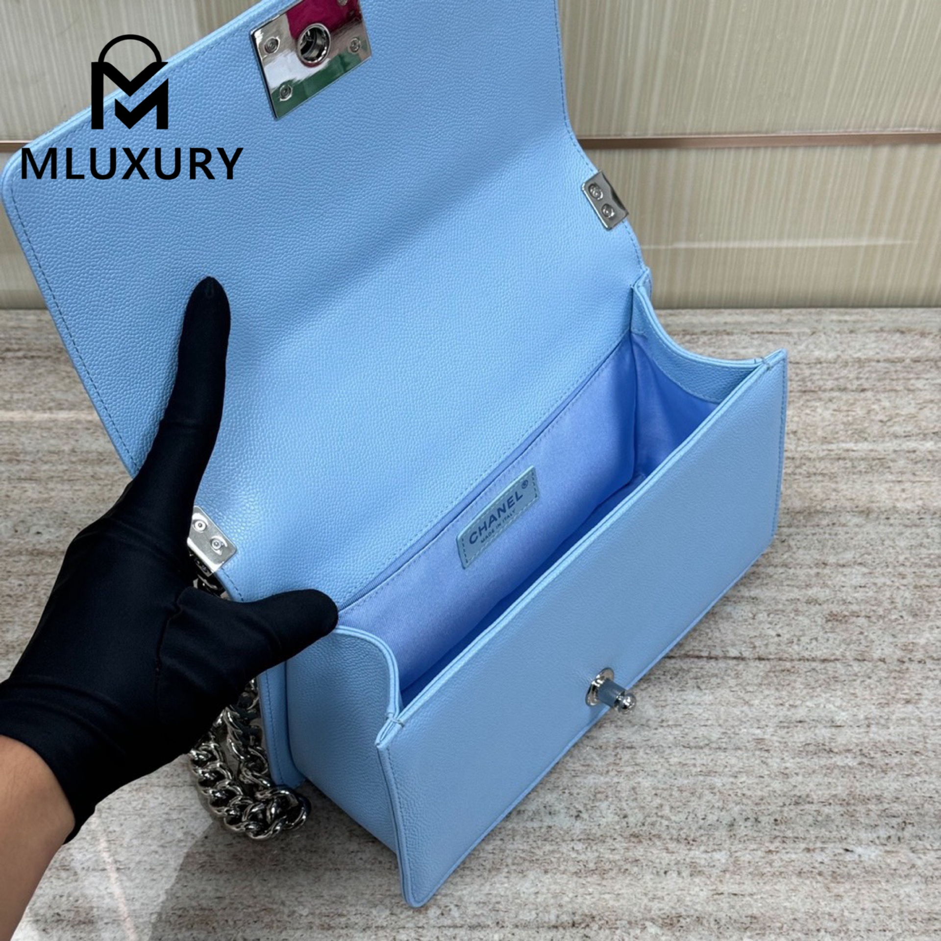 CHANEL Leboy 25 Medium, Light Blue & Silver Buckle, Imported Original Leather