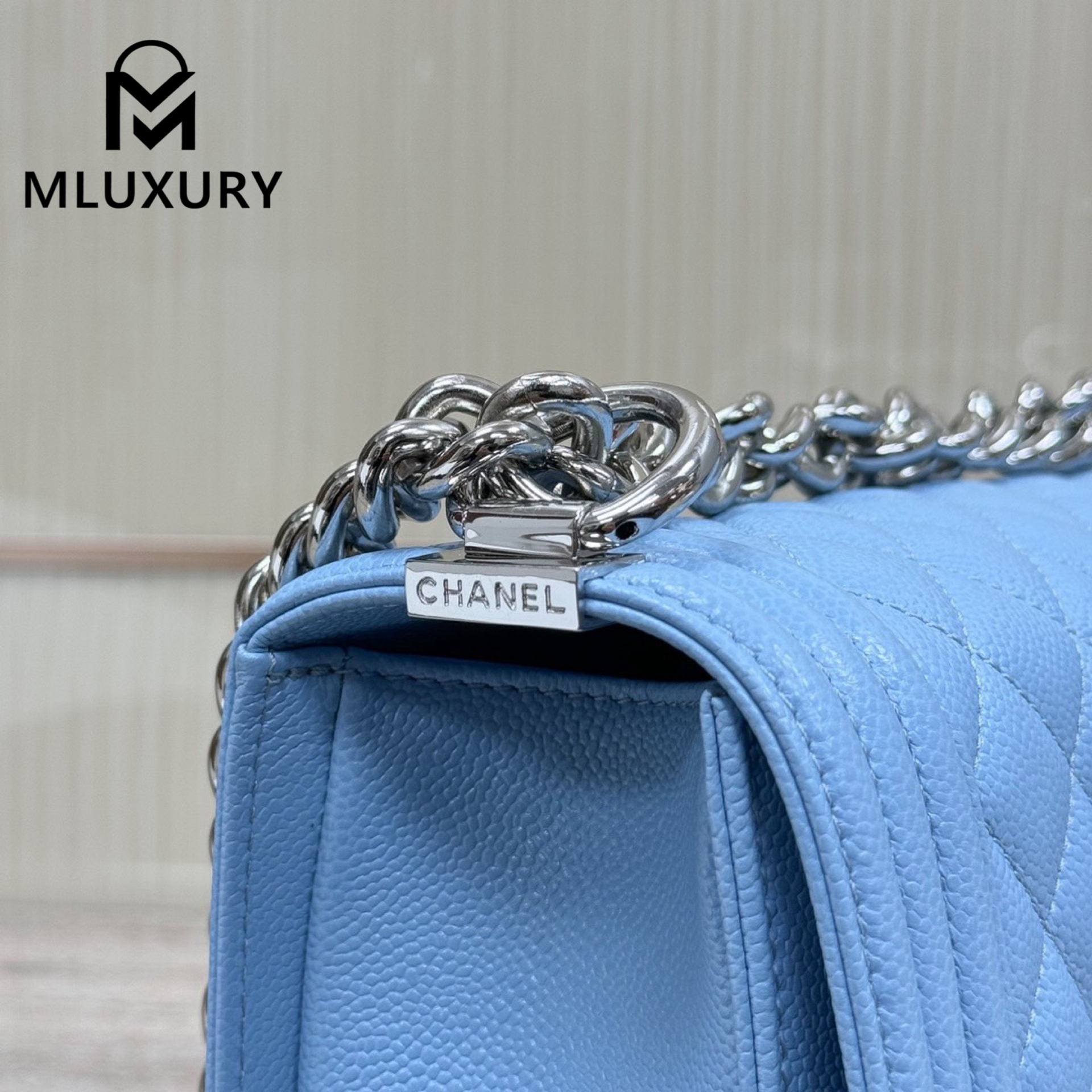 CHANEL Leboy 25 Medium, Light Blue & Silver Buckle, Imported Original Leather