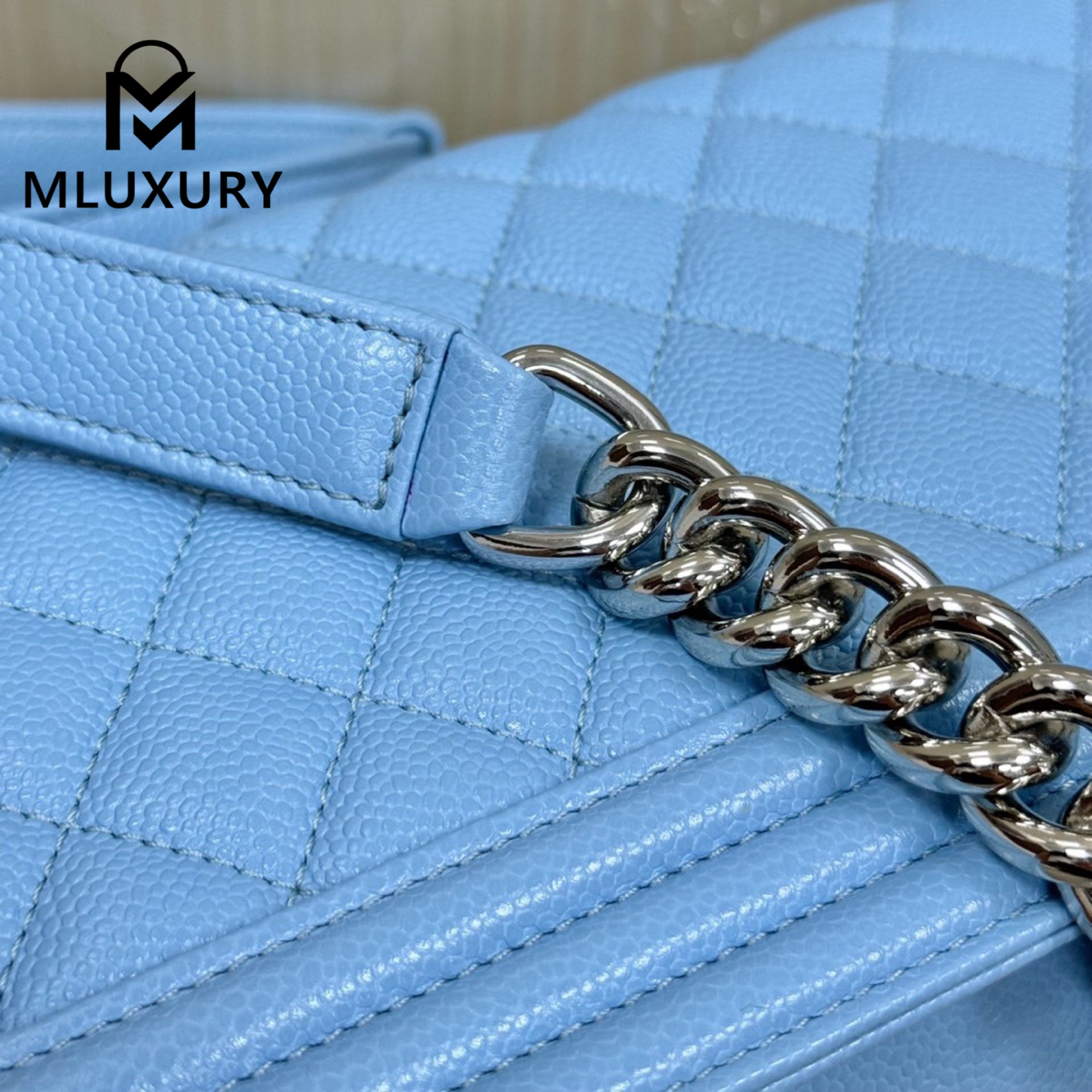 CHANEL Leboy 25 Medium, Light Blue & Silver Buckle, Imported Original Leather