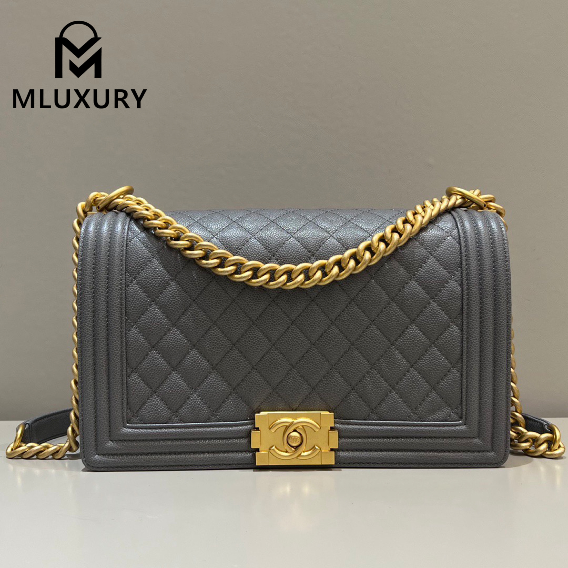CHANEL Leboy 28 Large, Premium Grey & Gold Buckle, HASS Caviar Glossy Leather