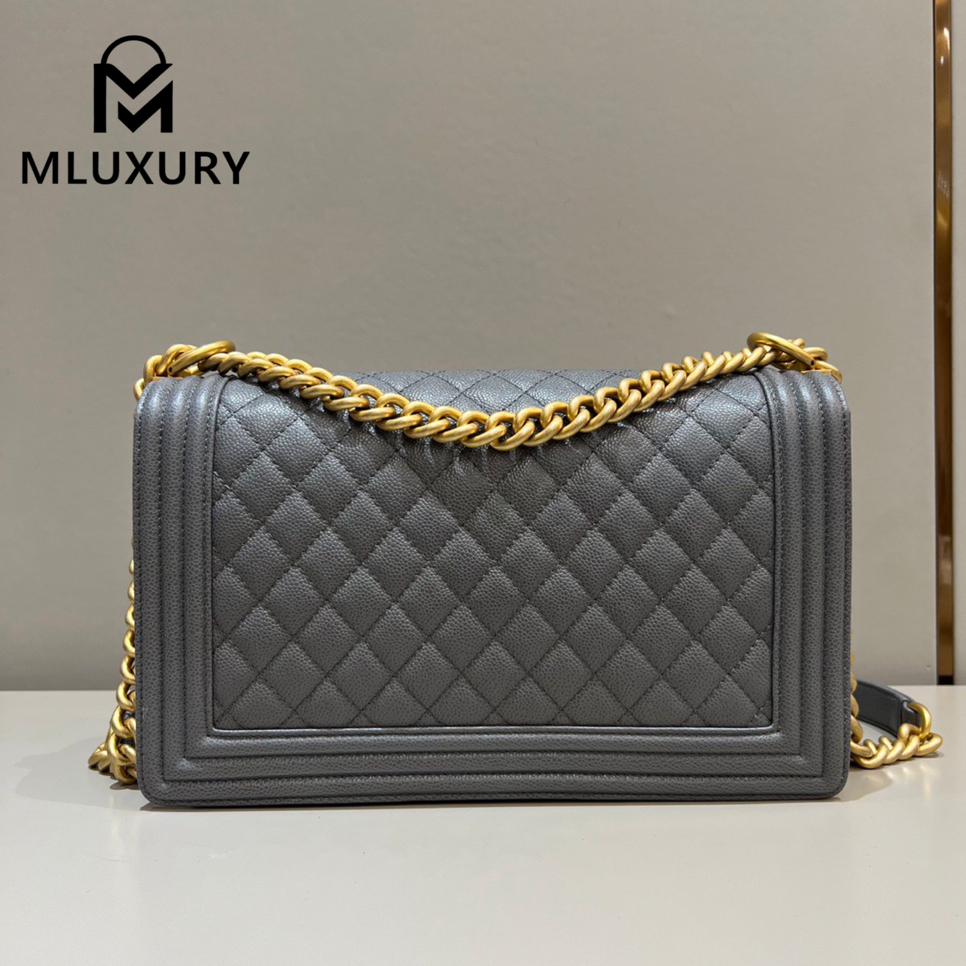 CHANEL Leboy 28 Large, Premium Grey & Gold Buckle, HASS Caviar Glossy Leather