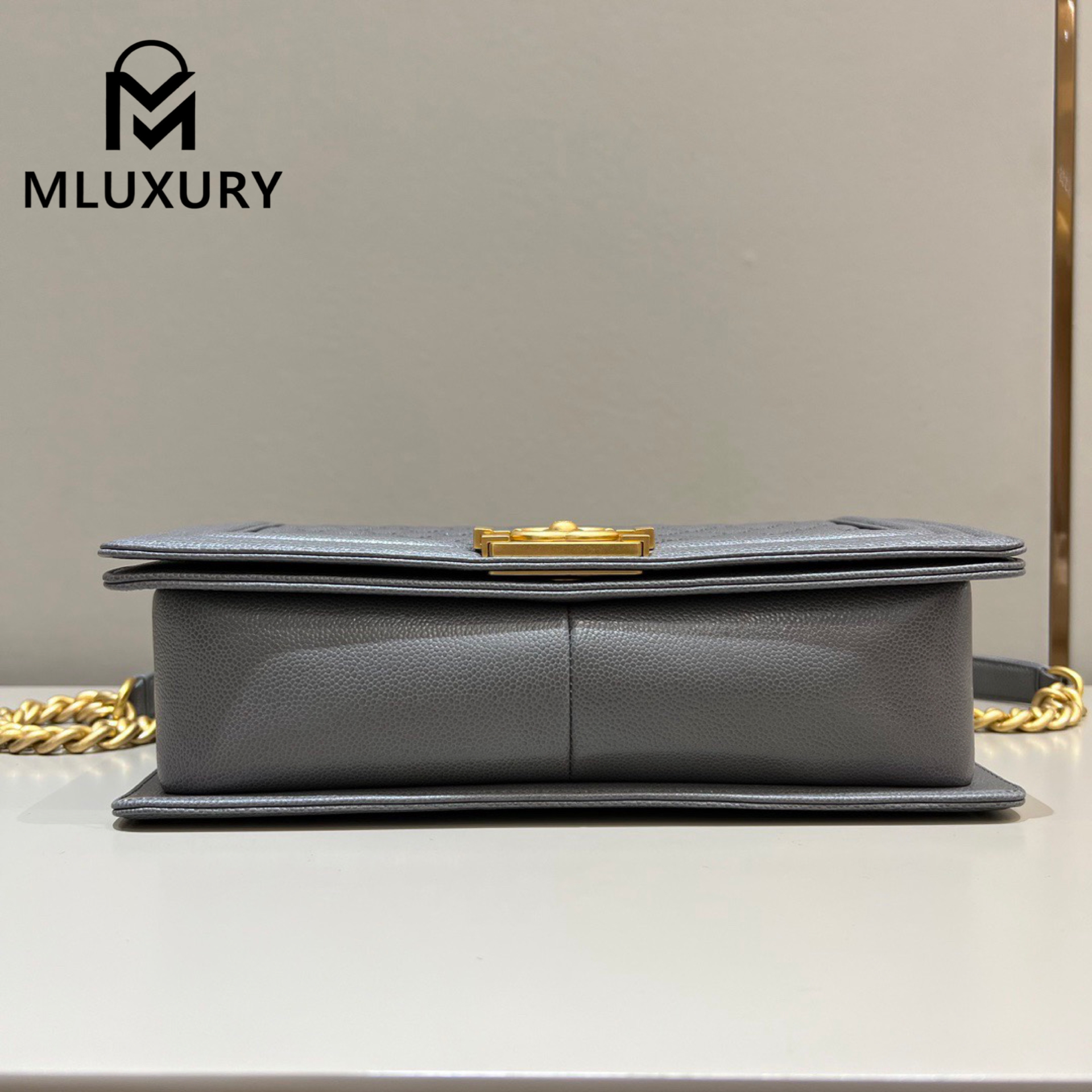 CHANEL Leboy 28 Large, Premium Grey & Gold Buckle, HASS Caviar Glossy Leather