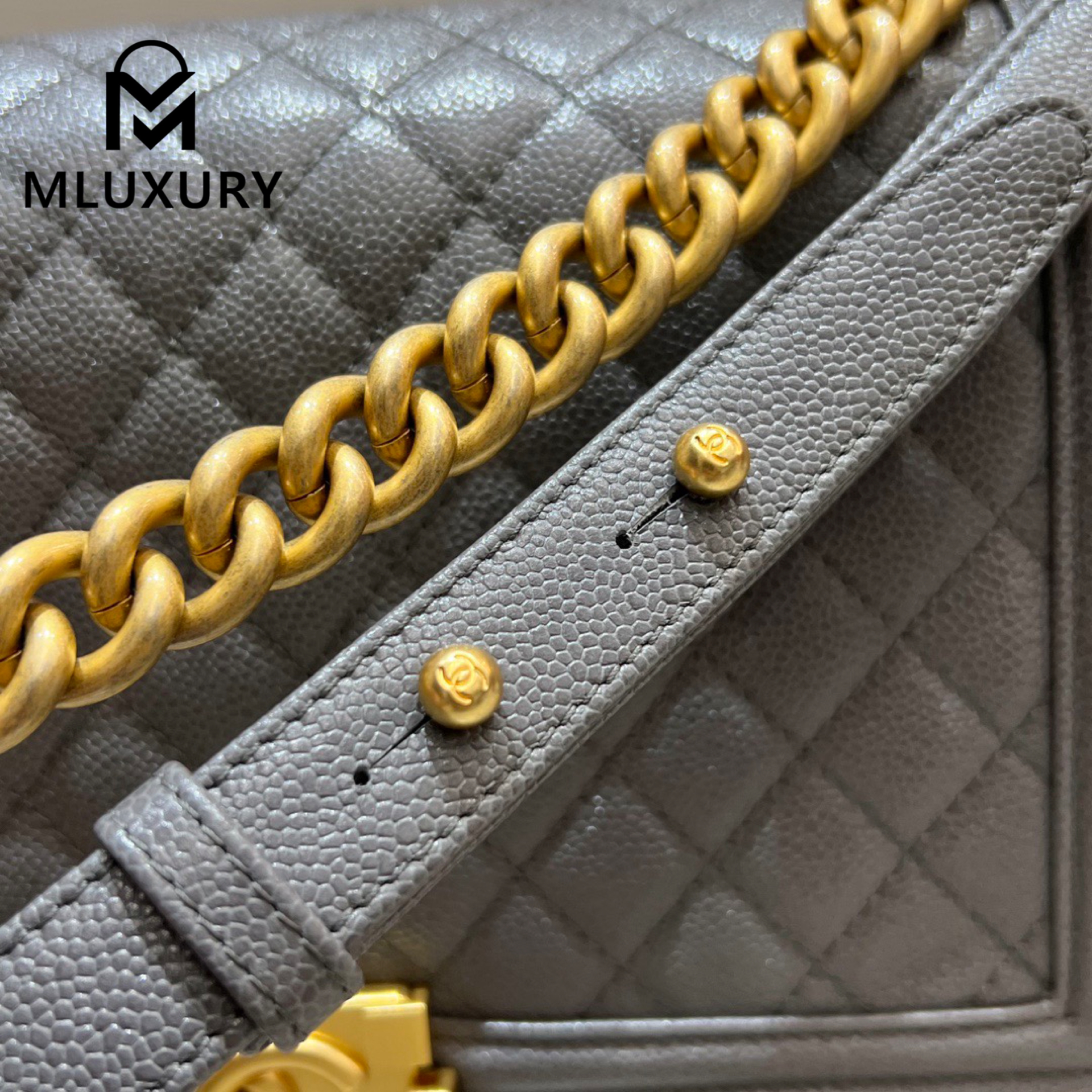 CHANEL Leboy 28 Large, Premium Grey & Gold Buckle, HASS Caviar Glossy Leather
