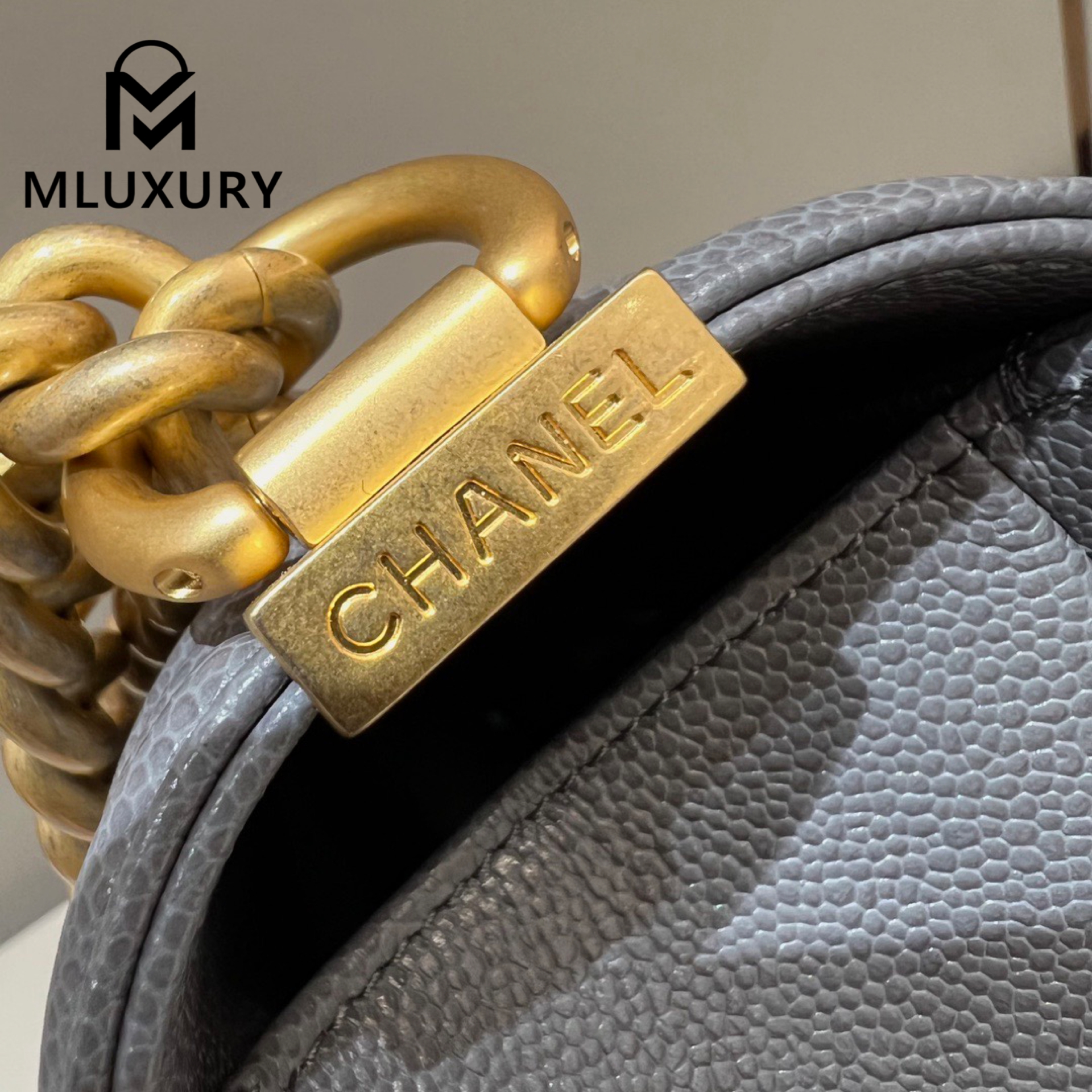 CHANEL Leboy 28 Large, Premium Grey & Gold Buckle, HASS Caviar Glossy Leather