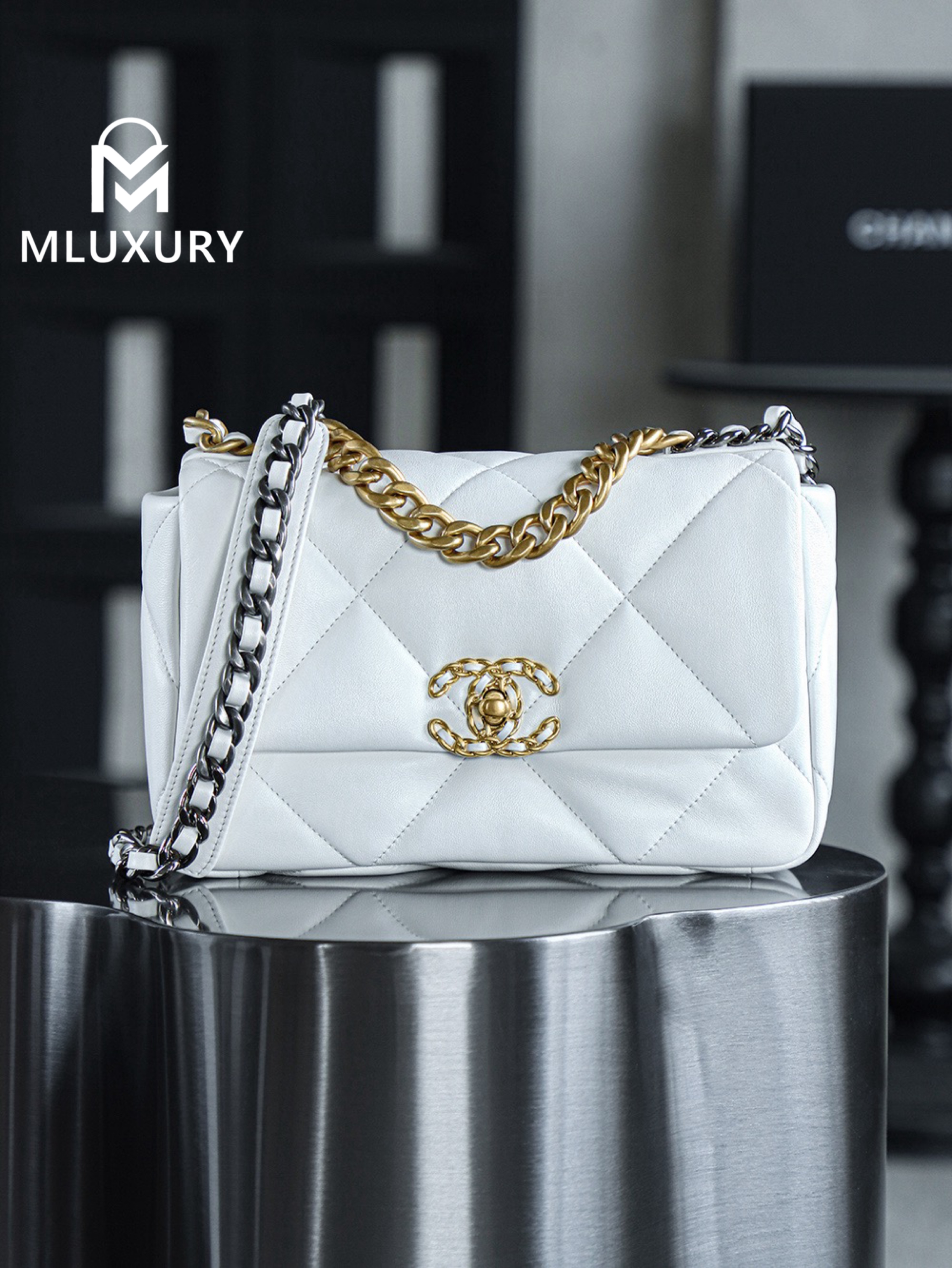 CHANEL 19bag, Medium, White with Gold Hardware