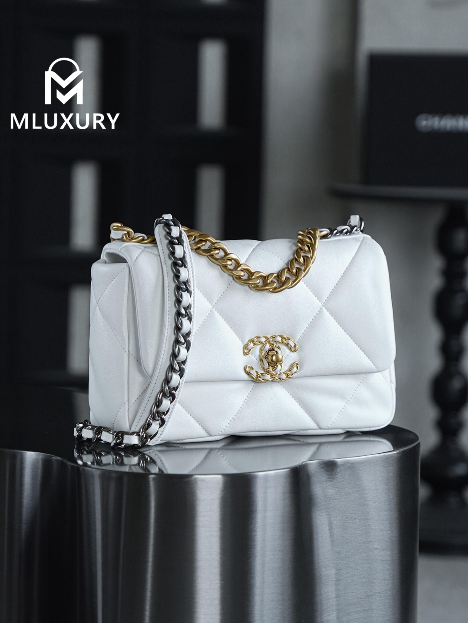 CHANEL 19bag, Medium, White with Gold Hardware