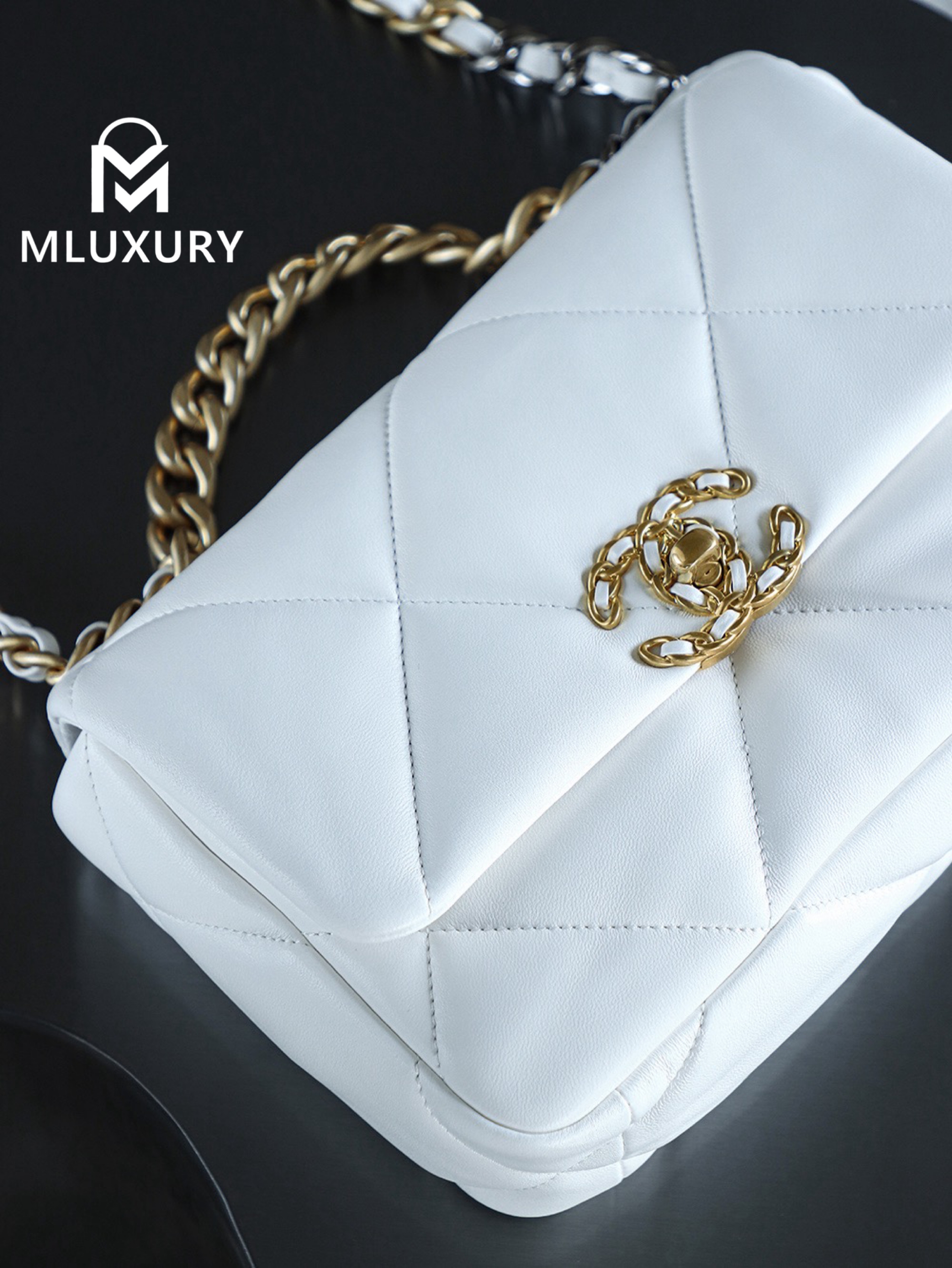 CHANEL 19bag, Medium, White with Gold Hardware
