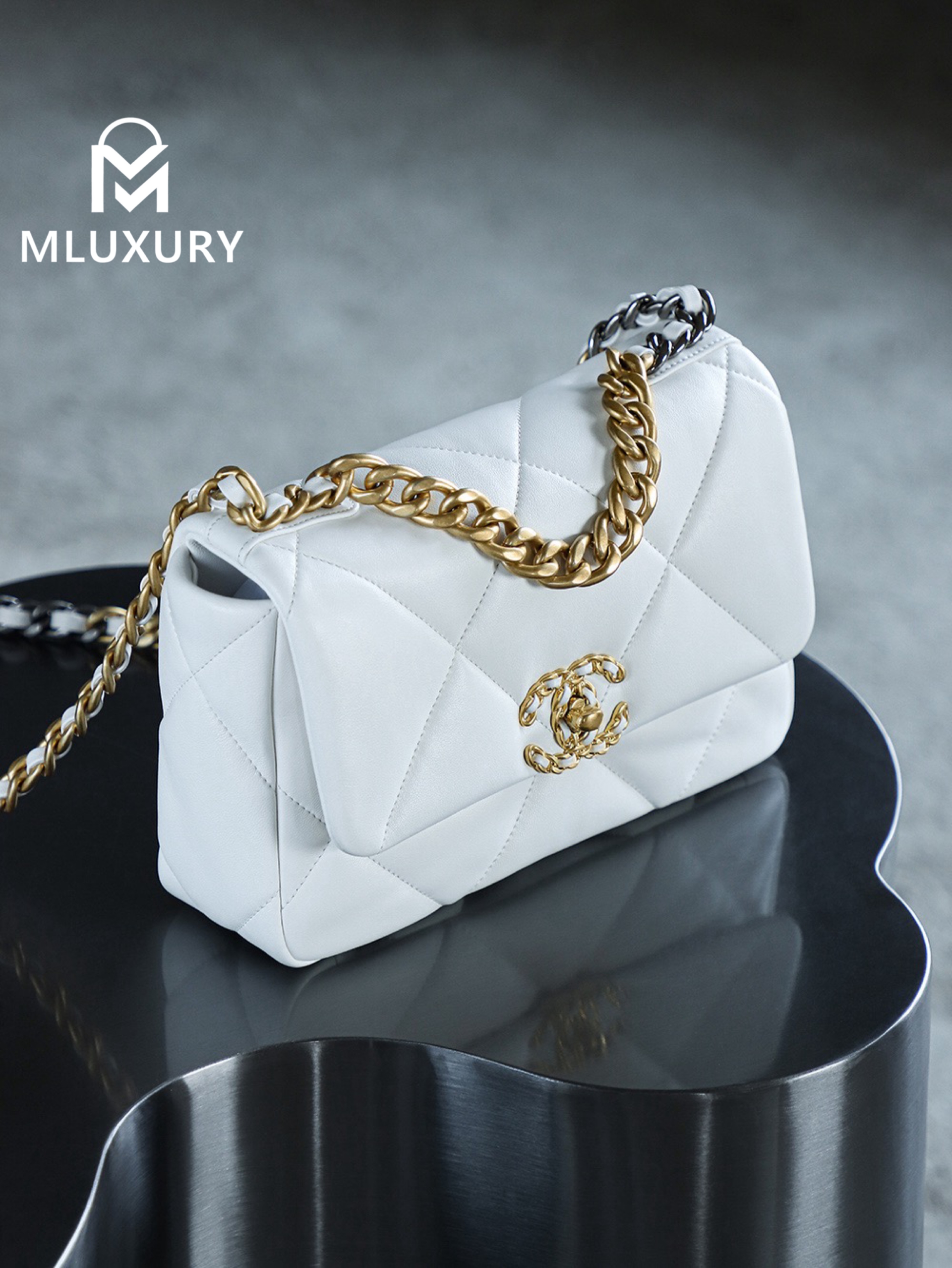 CHANEL 19bag, Medium, White with Gold Hardware