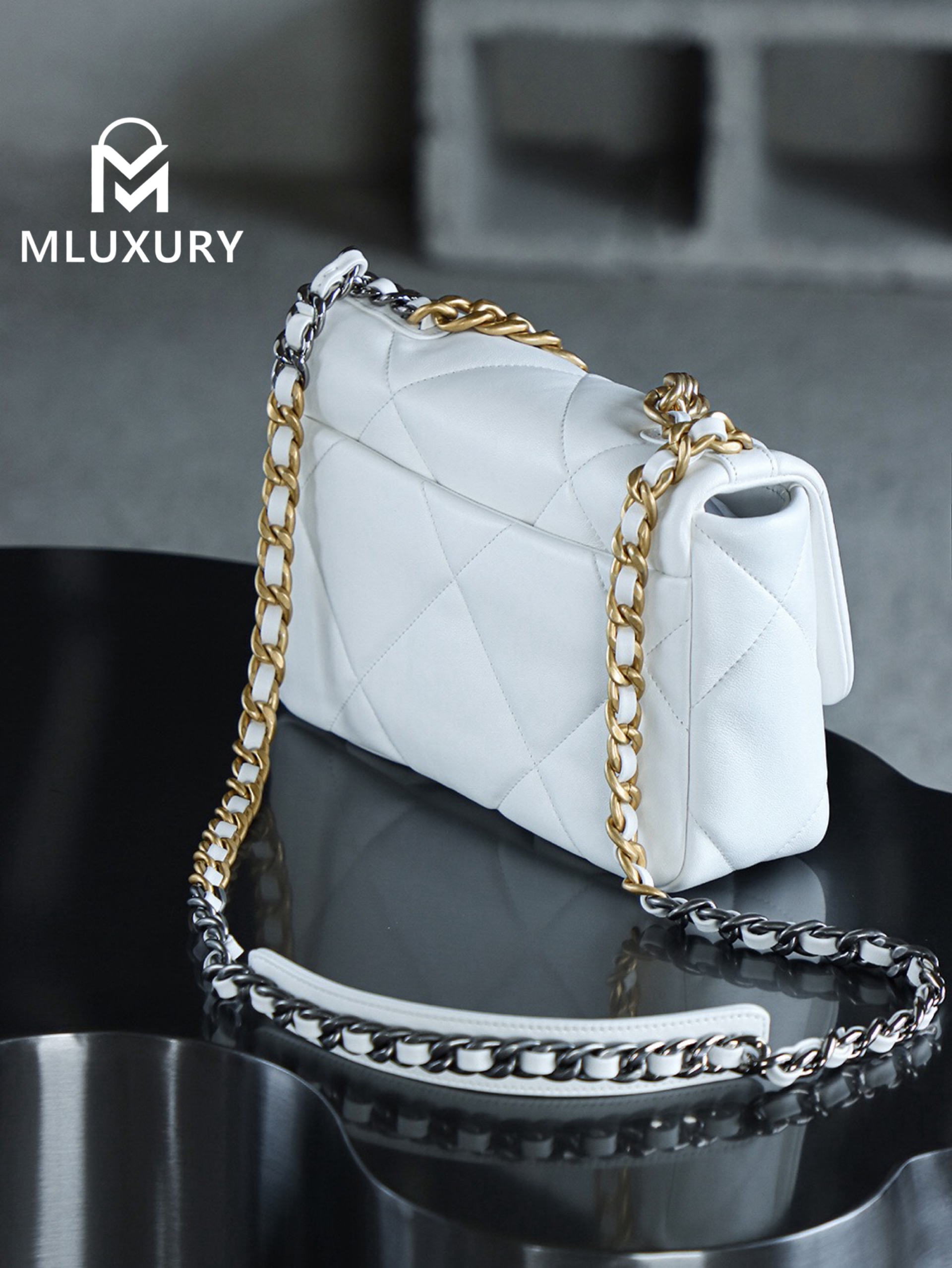 CHANEL 19bag, Medium, White with Gold Hardware