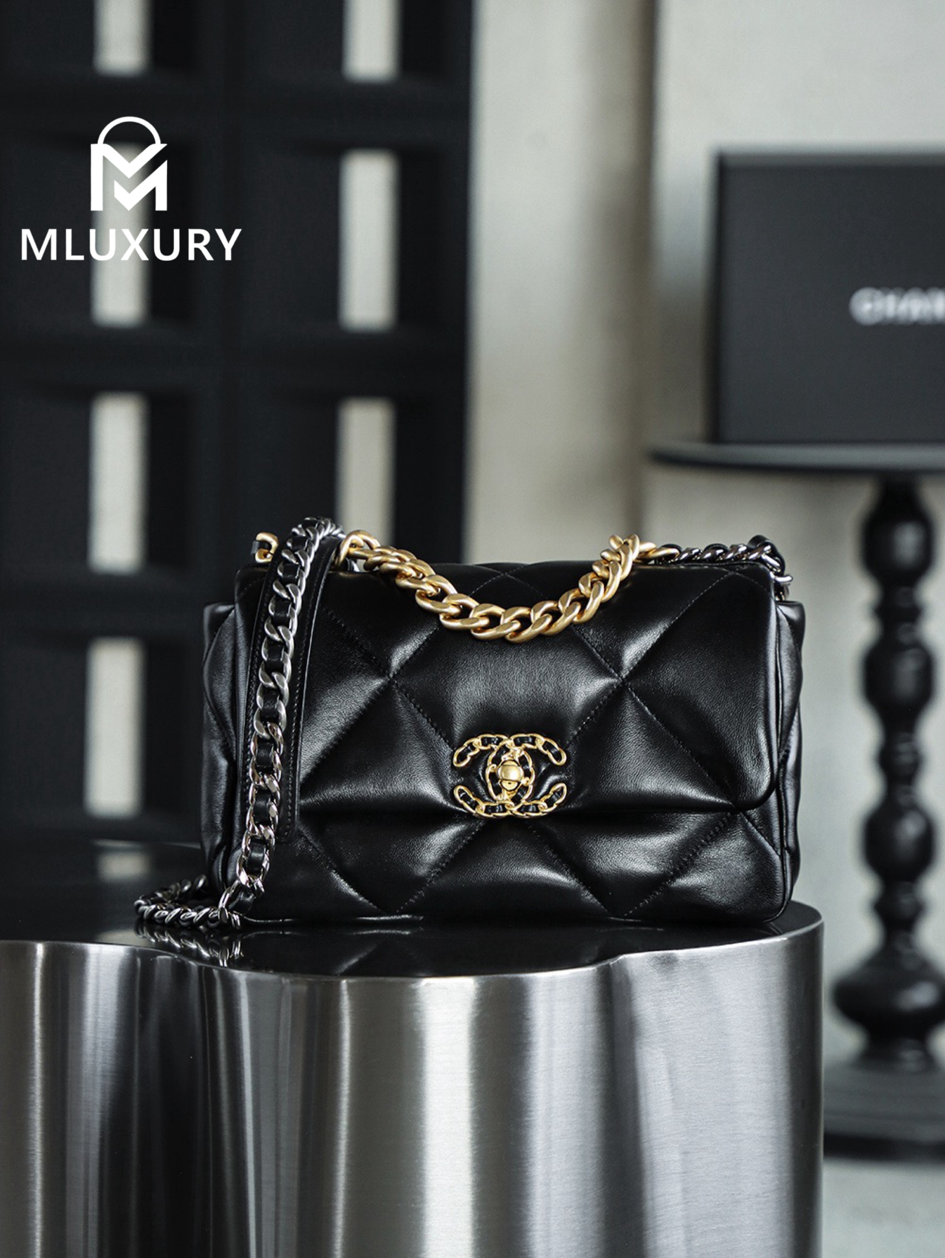 CHANEL 19Bag Small, Black with Gold Buckle