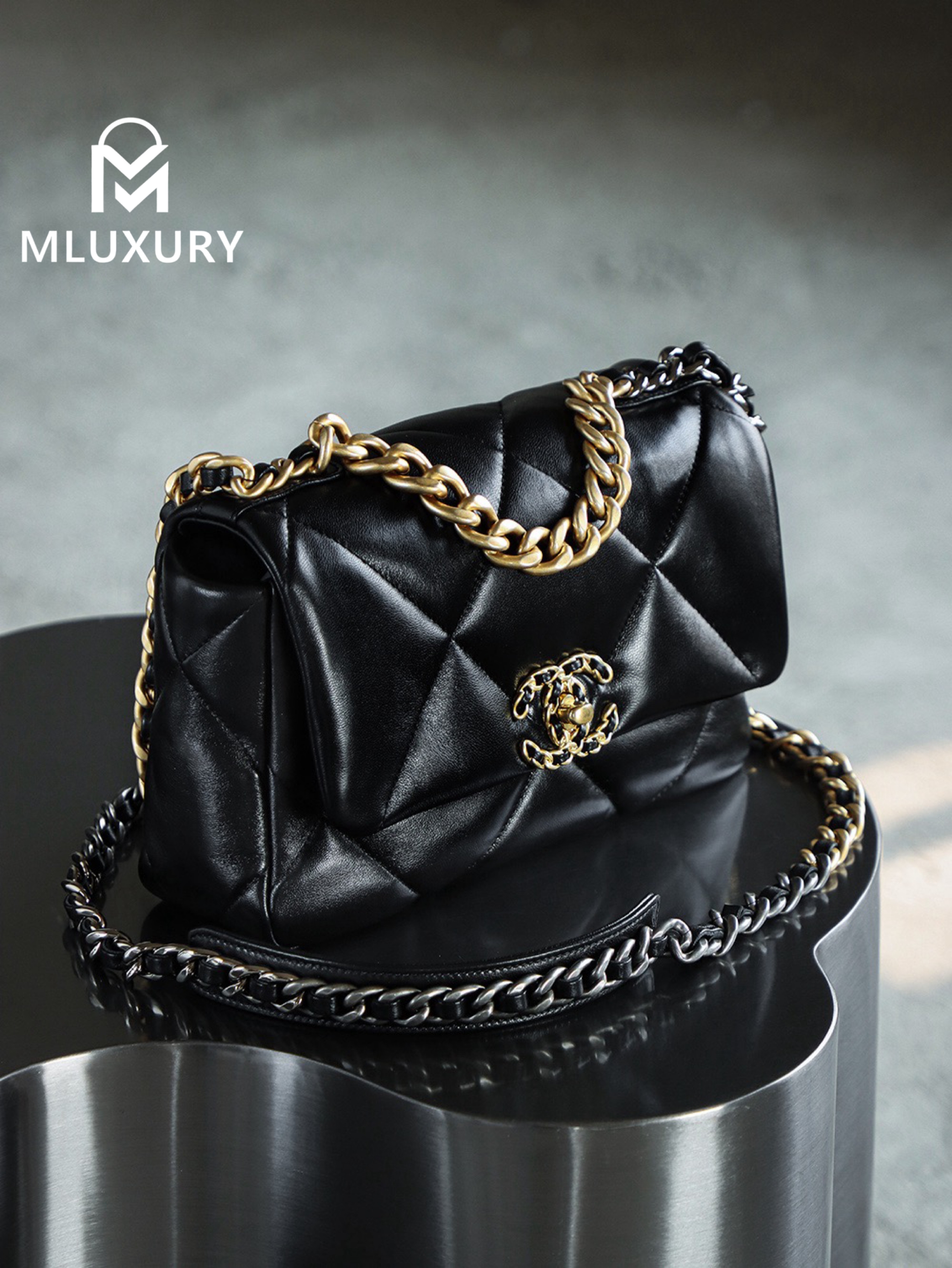 CHANEL 19Bag Small, Black with Gold Buckle