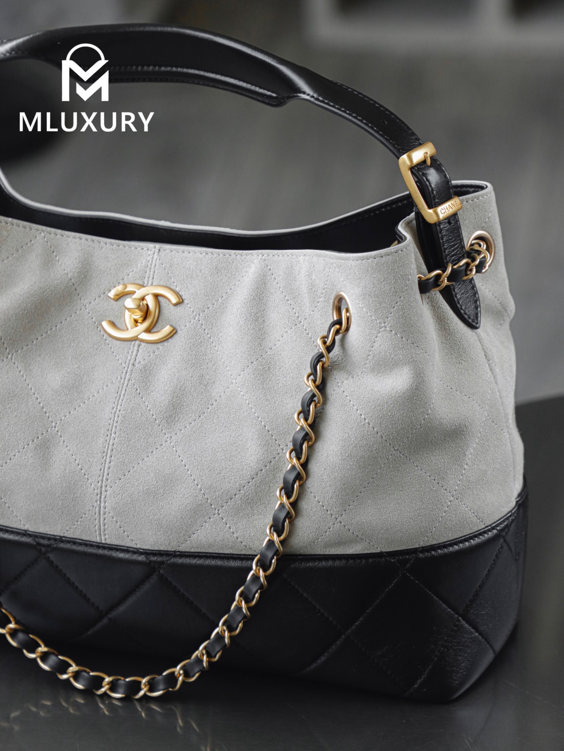 CHANEL 25A Hobo Small Suede Bag, Black/Grey