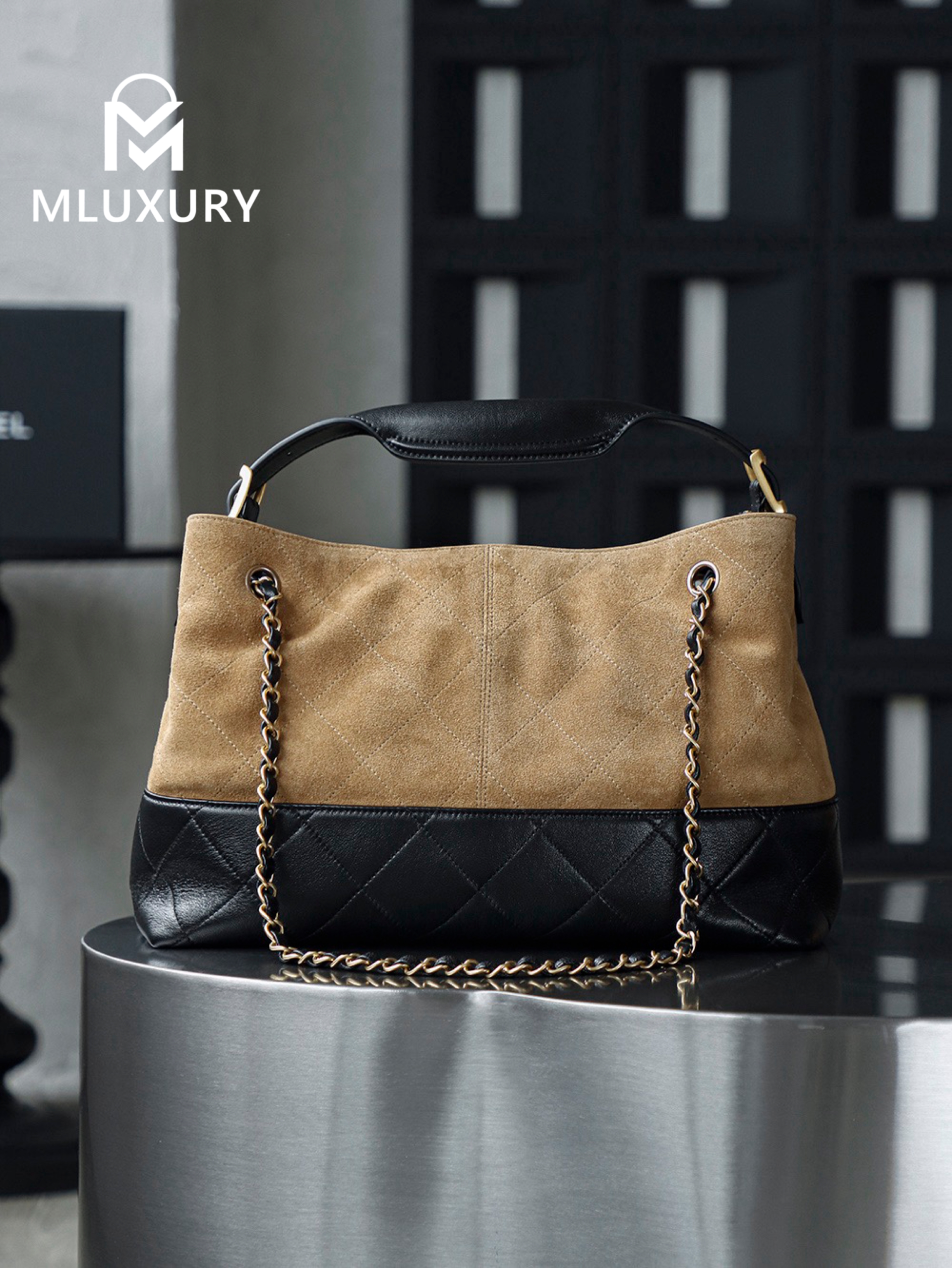 CHANEL 25A Hobo Small Suede Bag, Black/Brown