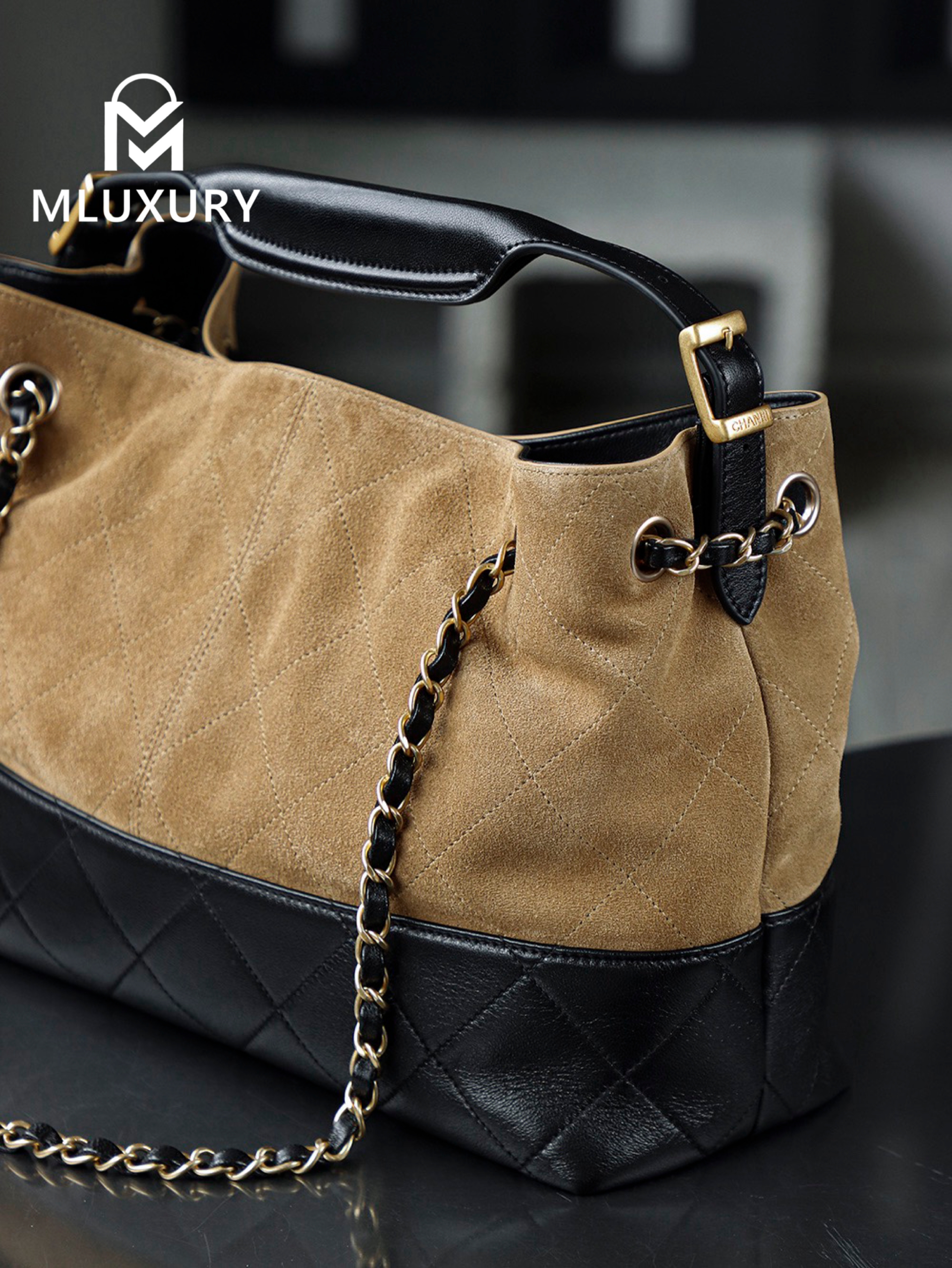 CHANEL 25A Hobo Small Suede Bag, Black/Brown
