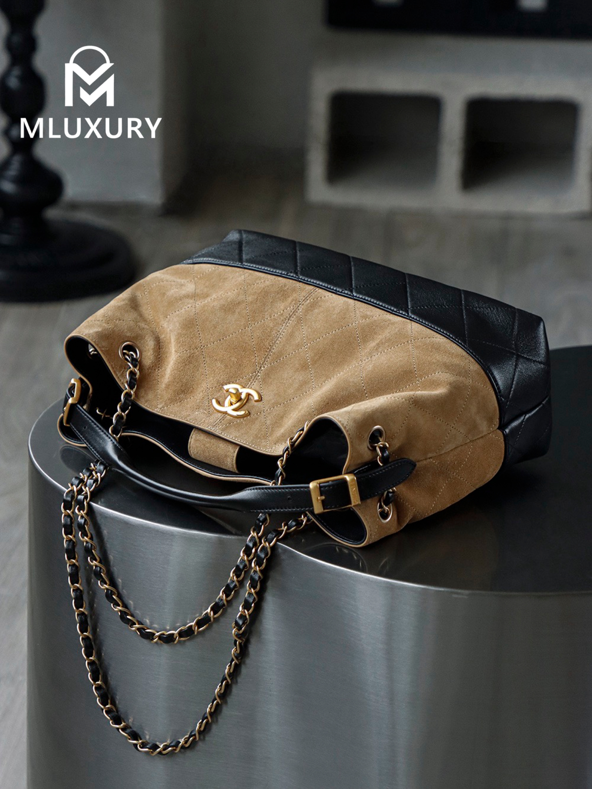 CHANEL 25A Hobo Small Suede Bag, Black/Brown