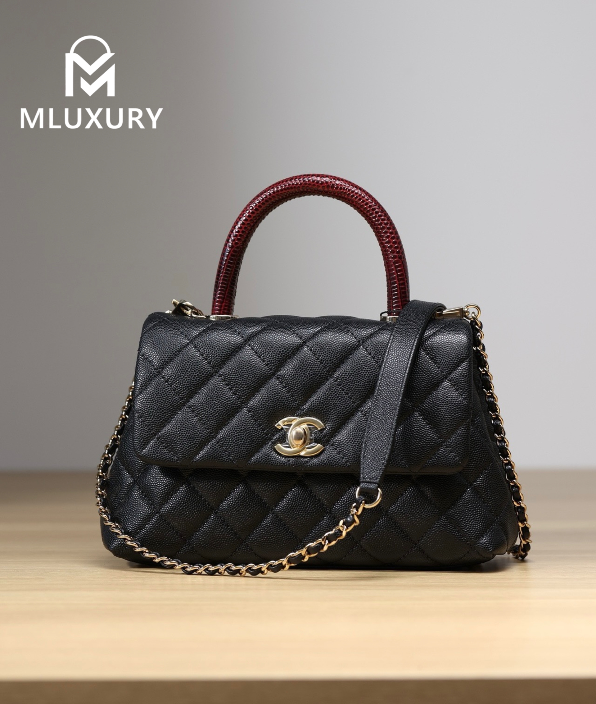 CHANEL Coco Handle, Small Size, Black Lychee Grain with Maroon Lizard Skin