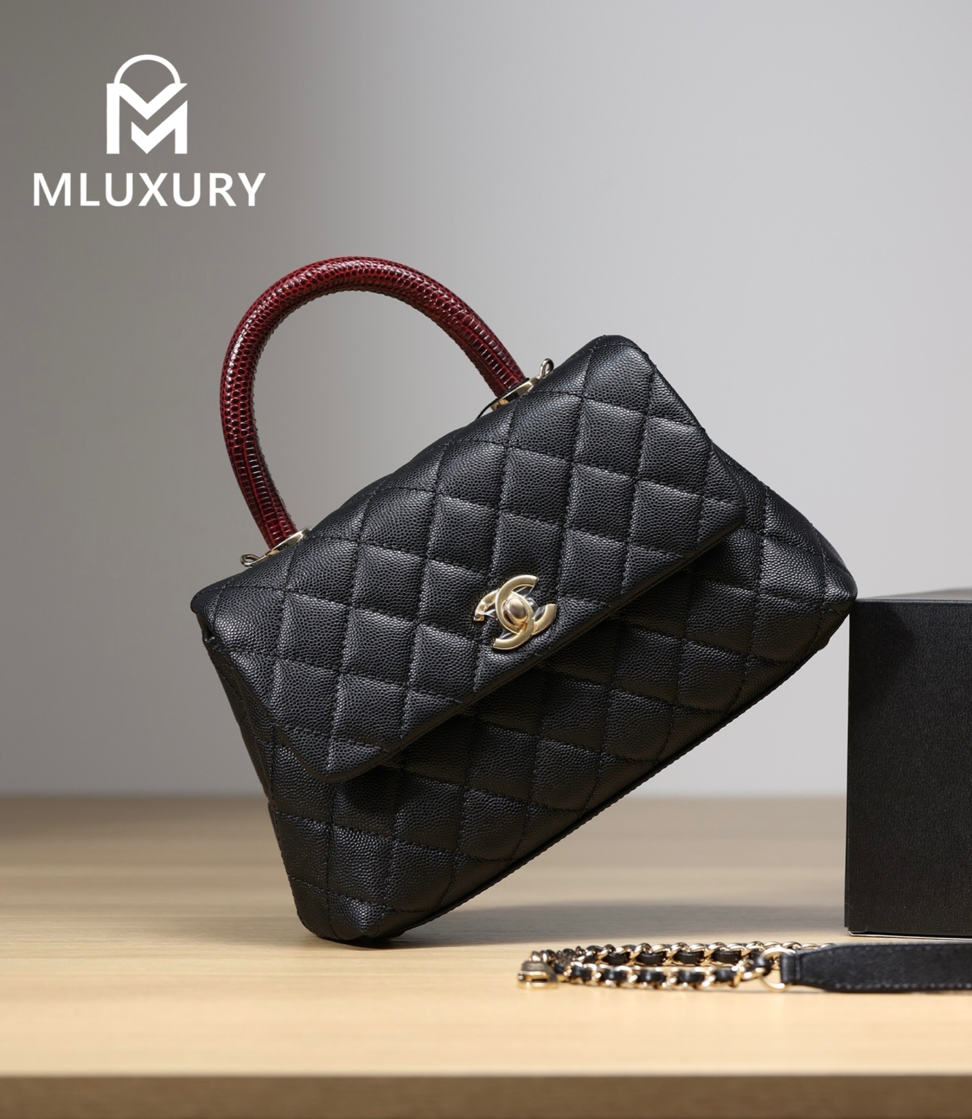 CHANEL Coco Handle, Small Size, Black Lychee Grain with Maroon Lizard Skin