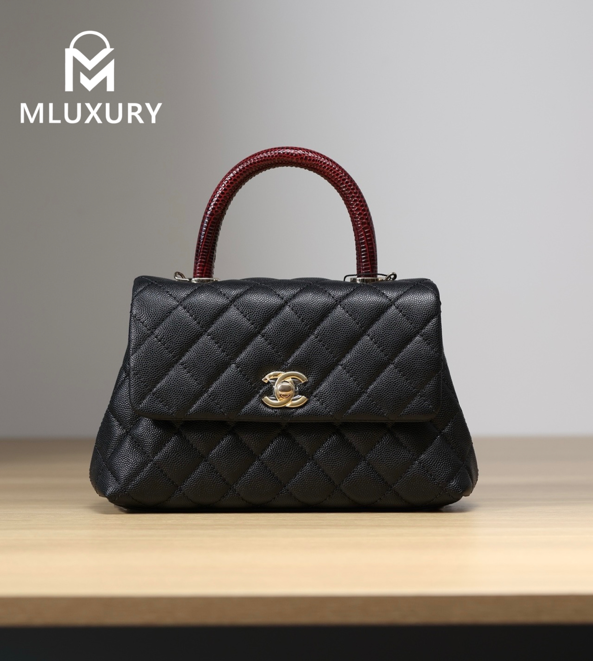 CHANEL Coco Handle, Small Size, Black Lychee Grain with Maroon Lizard Skin