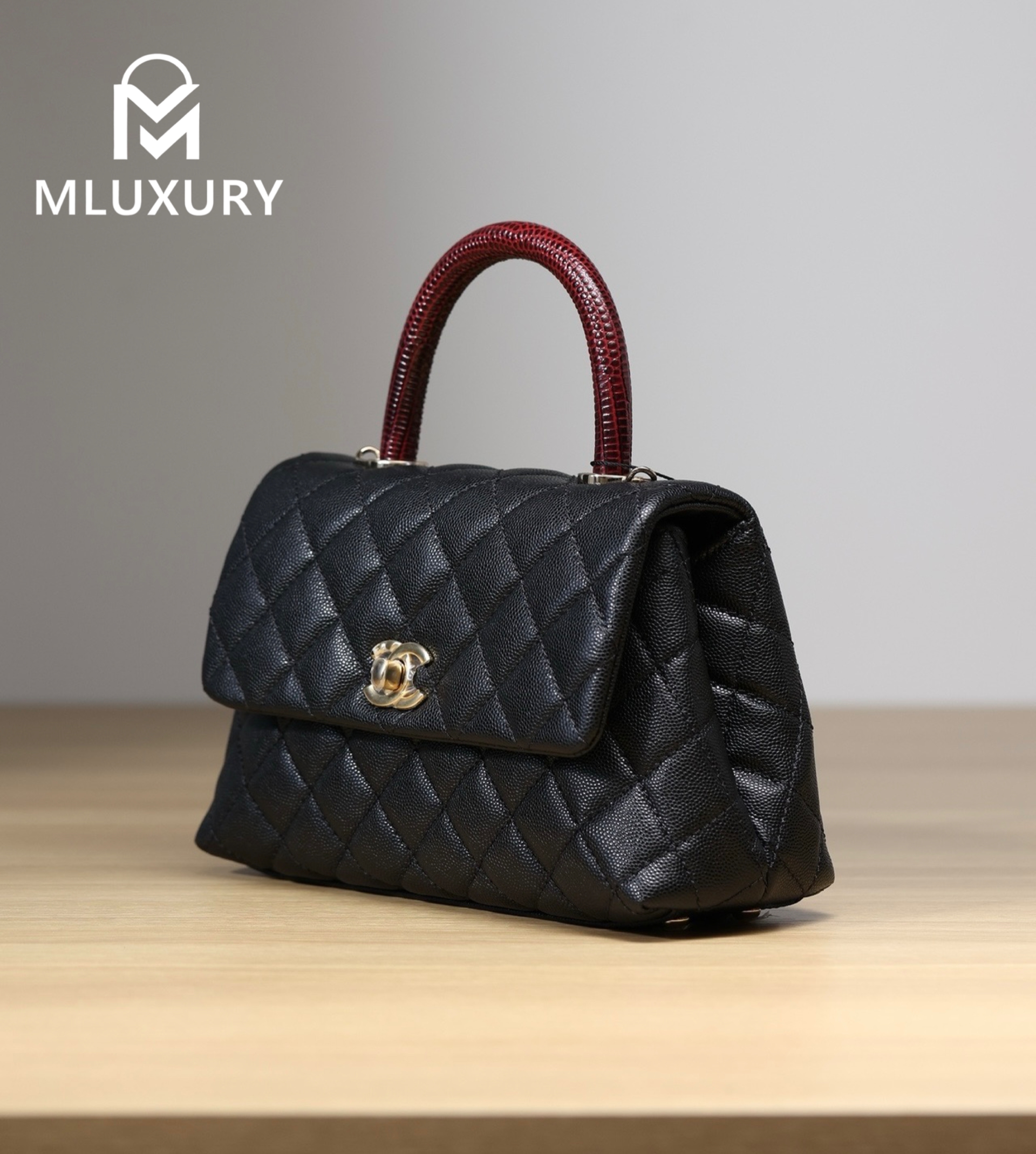 CHANEL Coco Handle, Small Size, Black Lychee Grain with Maroon Lizard Skin
