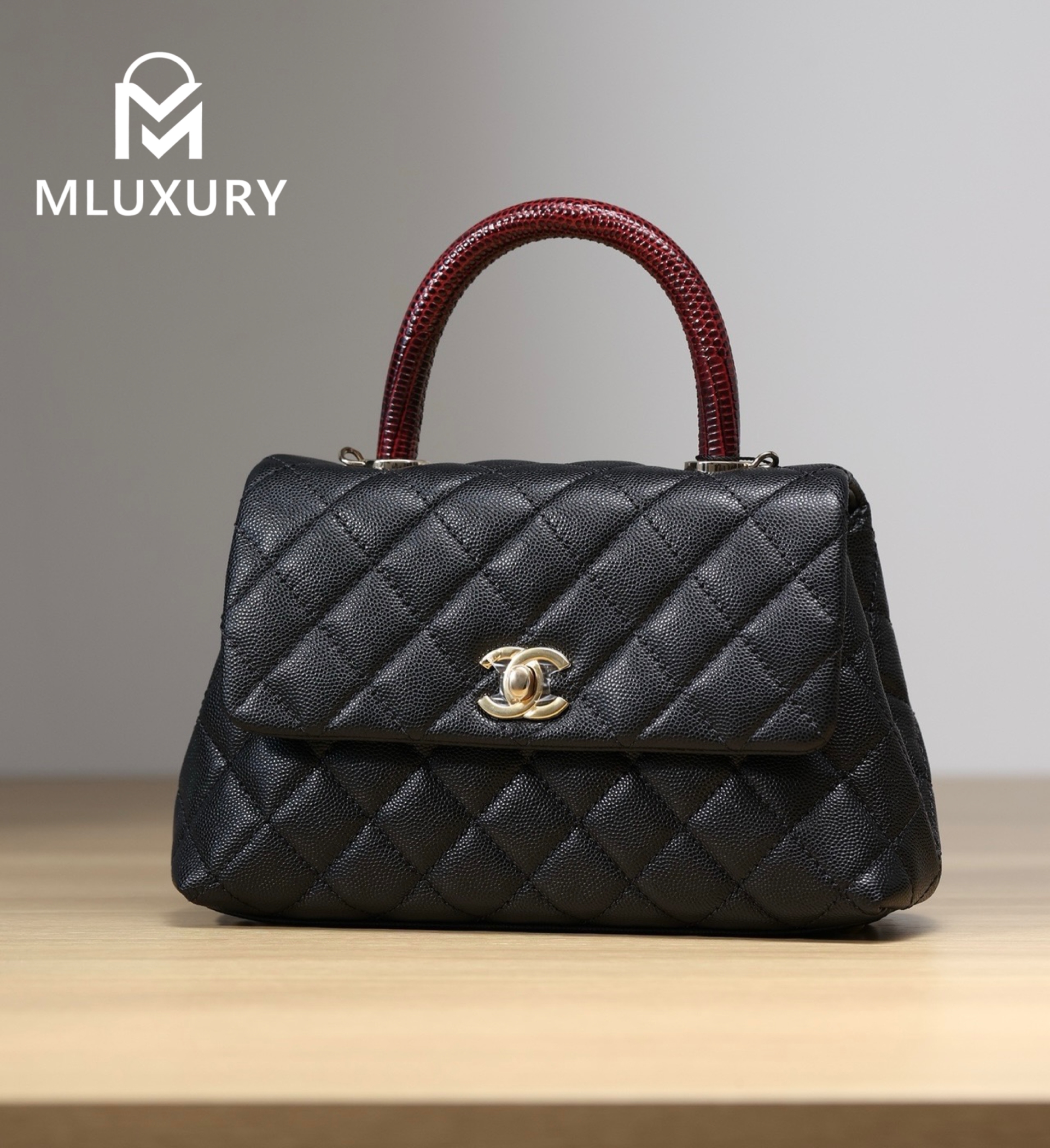 CHANEL Coco Handle, Small Size, Black Lychee Grain with Maroon Lizard Skin