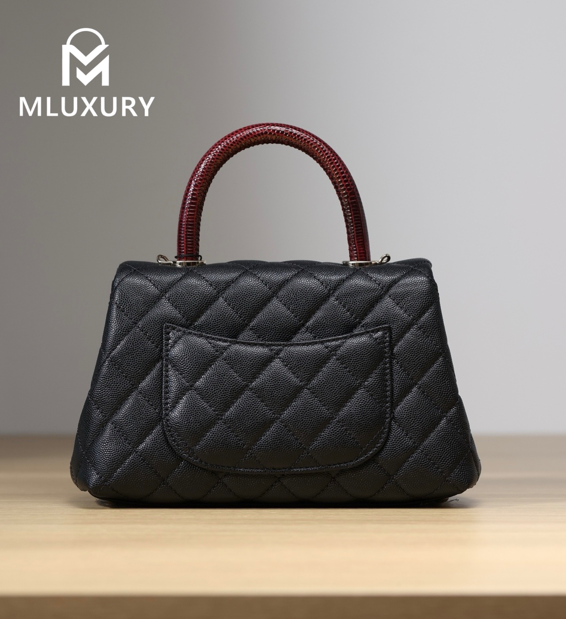 CHANEL Coco Handle, Small Size, Black Lychee Grain with Maroon Lizard Skin
